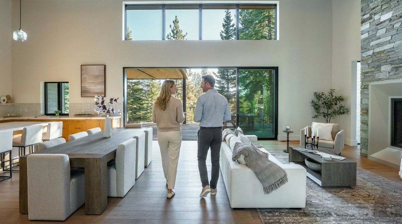 This image showcases a modern living room with an open floor plan. Key features include a dining area, a living room adorned with a large window providing natural light, a sizable gray rug, and neutral-toned furniture. The style is minimalist and sophisticated, creating a spacious and inviting atmosphere suitable for entertaining.