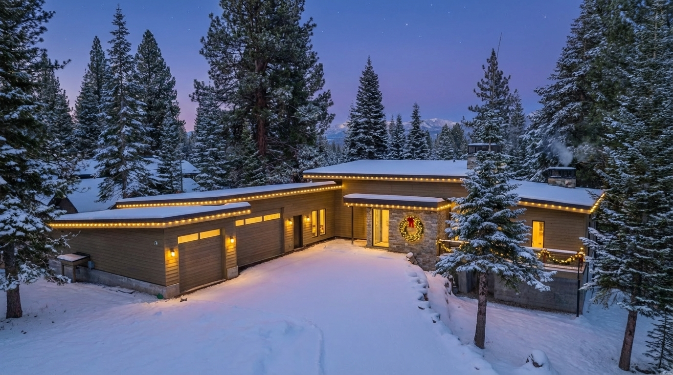 This is an exterior front view of a home in a snowy, wooded area. The house is decorated with Christmas lights and a wreath, adding a warm holiday touch. The property features a connected garage and a clear, snow-covered driveway, suggesting easy access even in winter conditions.