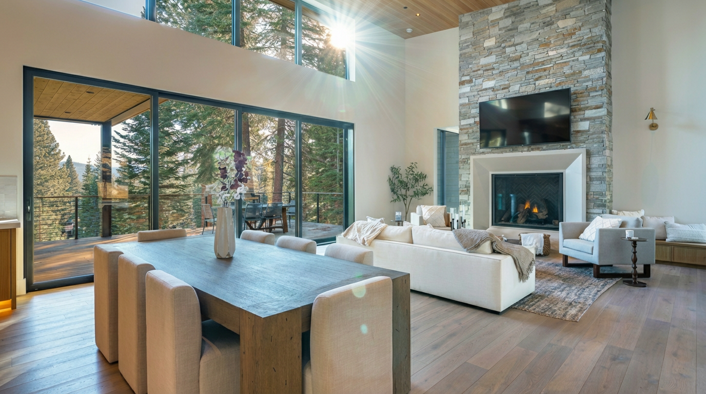 This is a brightly lit living room with a modern design. The room features a stone fireplace with a mounted TV above, a large couch and an armchair, and a dining table set in front of a large sliding glass door that opens to a deck. The room has hardwood floors and a high ceiling, creating a spacious and inviting atmosphere.