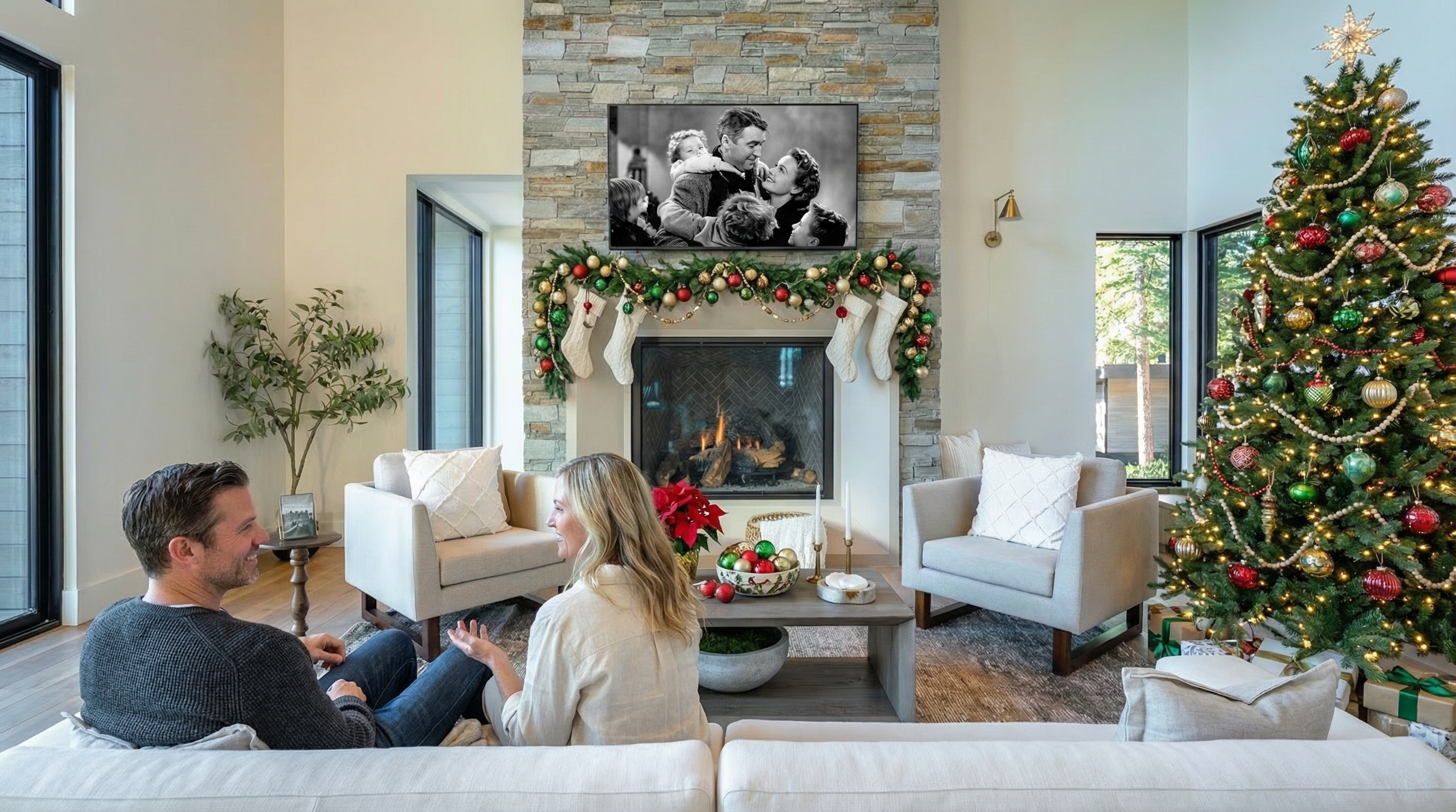 This is a warm and inviting living room decorated for Christmas. The focal point is a stone fireplace with a TV mounted above it, adorned with garland and stockings. Comfortable seating, including a large sectional sofa and armchairs, creates a cozy atmosphere, and a decorated Christmas tree adds a festive touch.