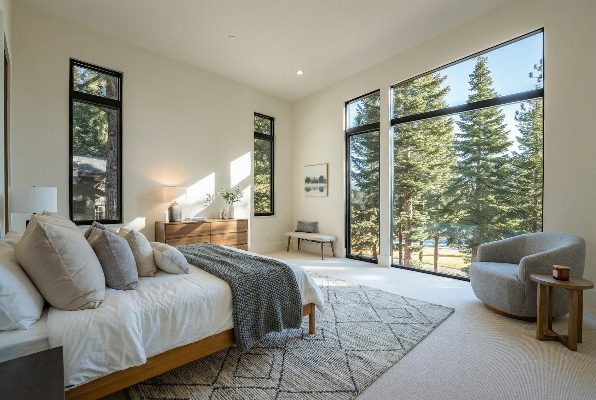 This is a bright and airy primary bedroom with modern design elements. A large window frames a scenic view of mature trees. The room features a neutral color palette, a comfortable bed with plush pillows, a side chair and a stylish area rug, creating a relaxing and inviting atmosphere.