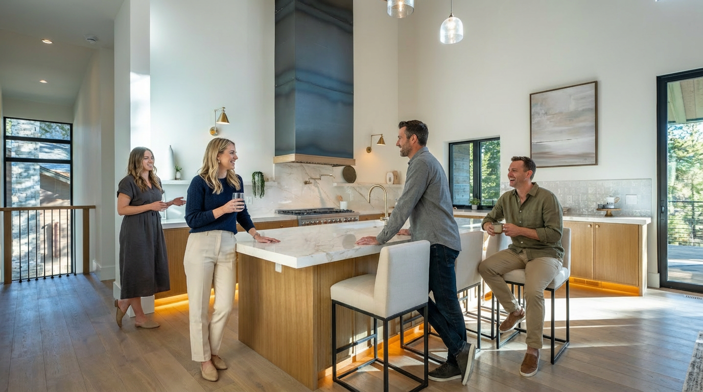 This is an interior shot of a modern, open-concept kitchen. The kitchen features a large island with a marble countertop, complemented by light wood cabinetry and stainless steel appliances. Natural light floods the space, enhancing the inviting atmosphere for social gatherings.