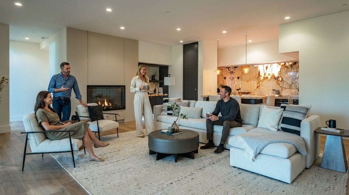 This is a well-lit, contemporary living room, showcasing a comfortable sectional sofa, modern armchairs, and a round ottoman coffee table resting on a neutral rug. A fireplace adds warmth, and the open layout seamlessly integrates a kitchen area with unique marble backsplash, enhancing the space's appeal for entertaining. The presence of people suggests a welcoming and livable home environment.