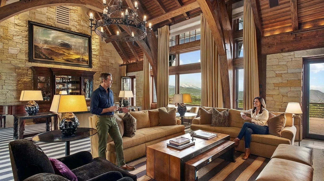The image showcases a luxurious living room with a rustic-chic aesthetic. Key features include exposed wooden beams, a stone accent wall, and large windows providing ample natural light and scenic views. The room is furnished with comfortable sofas, elegant lighting fixtures, and a striking area rug, creating an inviting and sophisticated atmosphere for relaxation and entertaining.