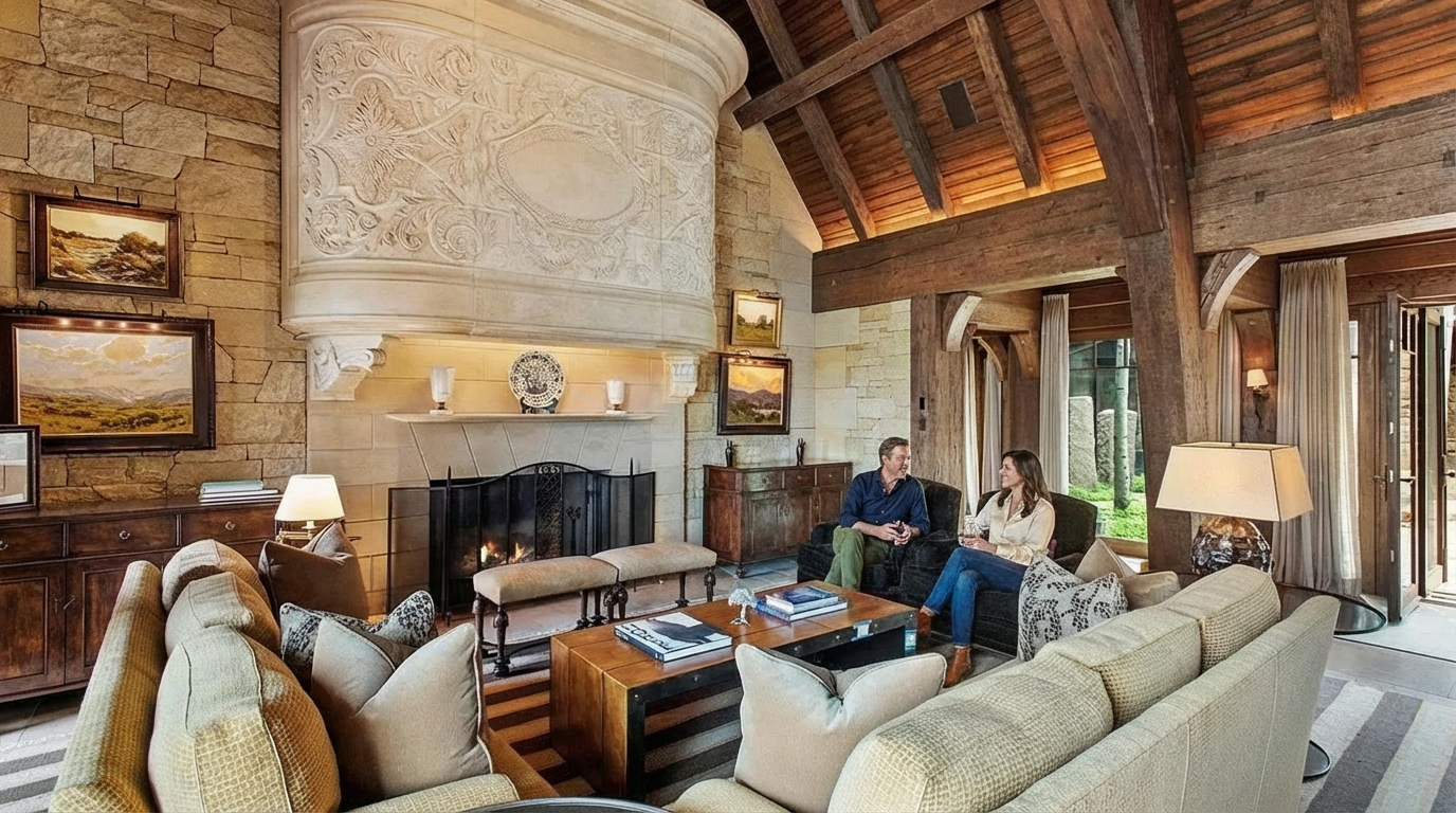 This is an interior shot of a rustic living room, featuring a large stone fireplace with an ornate mantel. The room is furnished with comfortable sofas, a wooden coffee table, and various decorative items. The ceiling is exposed wood beam and the space is naturally lit from a window on the side that gives the space a warm and inviting ambiance.