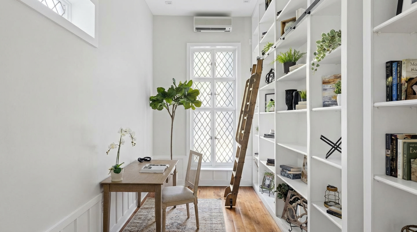 This is an interior shot of a bright and tidy office or study area. A wooden desk sits adjacent to a window, complemented by a chair. The space features built-in white shelving, accessible by a wooden ladder, adding to the room's functionality and aesthetic appeal.