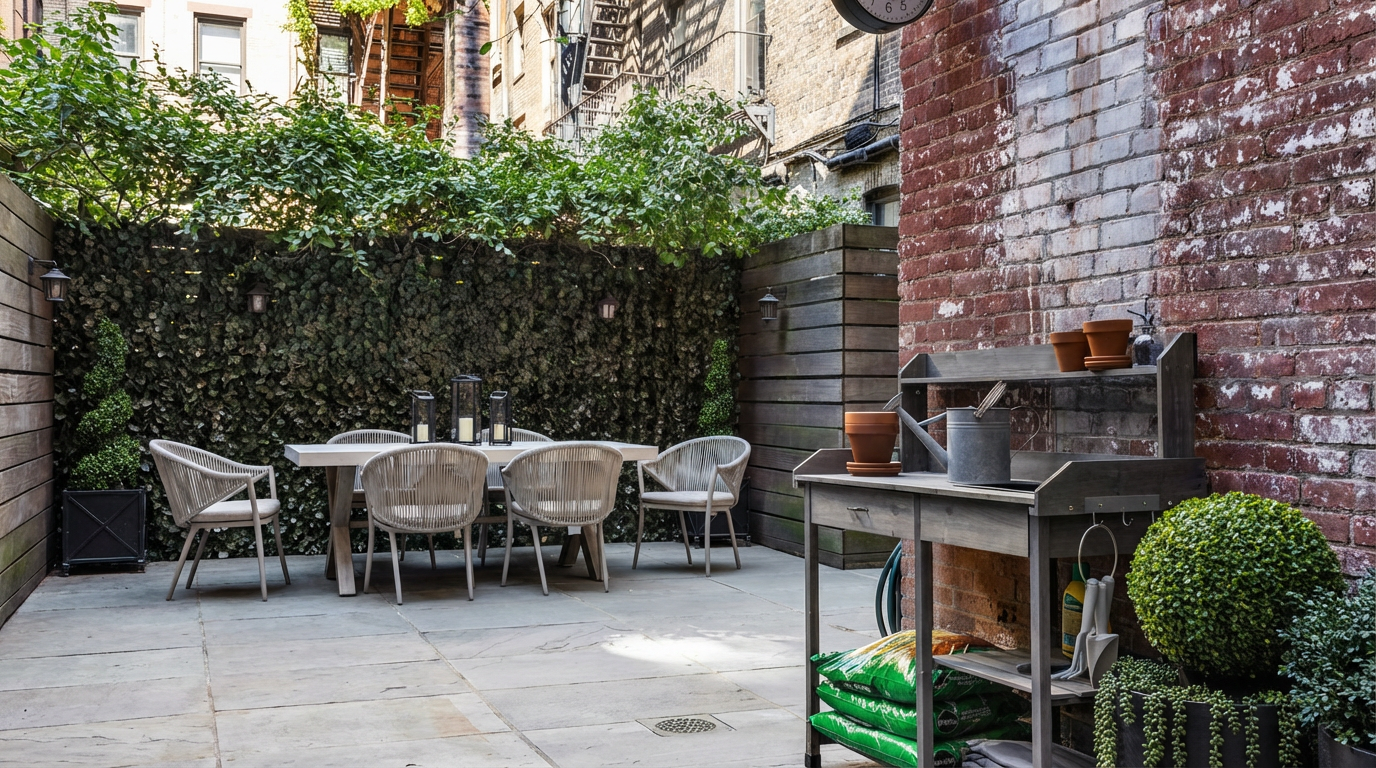 This is a charming backyard garden area. The space features a dining set with woven chairs, set on a paved patio. A wooden potting bench sits against a weathered brick wall, adding character and functionality, while lush greenery provides privacy and a serene atmosphere.