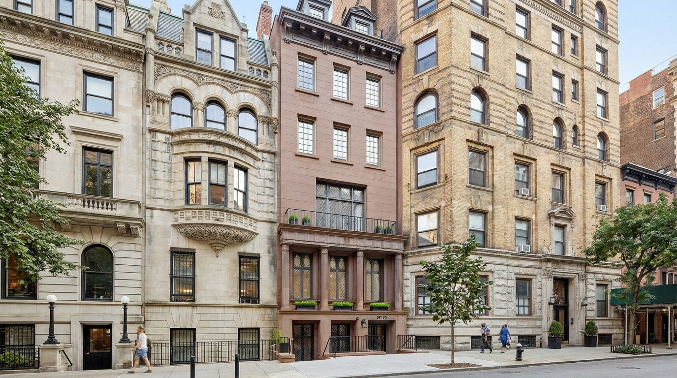 The image showcases the front exterior of a townhouse. The townhouse features a classical architectural style, evident in its stone facade, arched windows, and intricate detailing. A well-maintained sidewalk and streetscape complement the property, adding to its curb appeal.