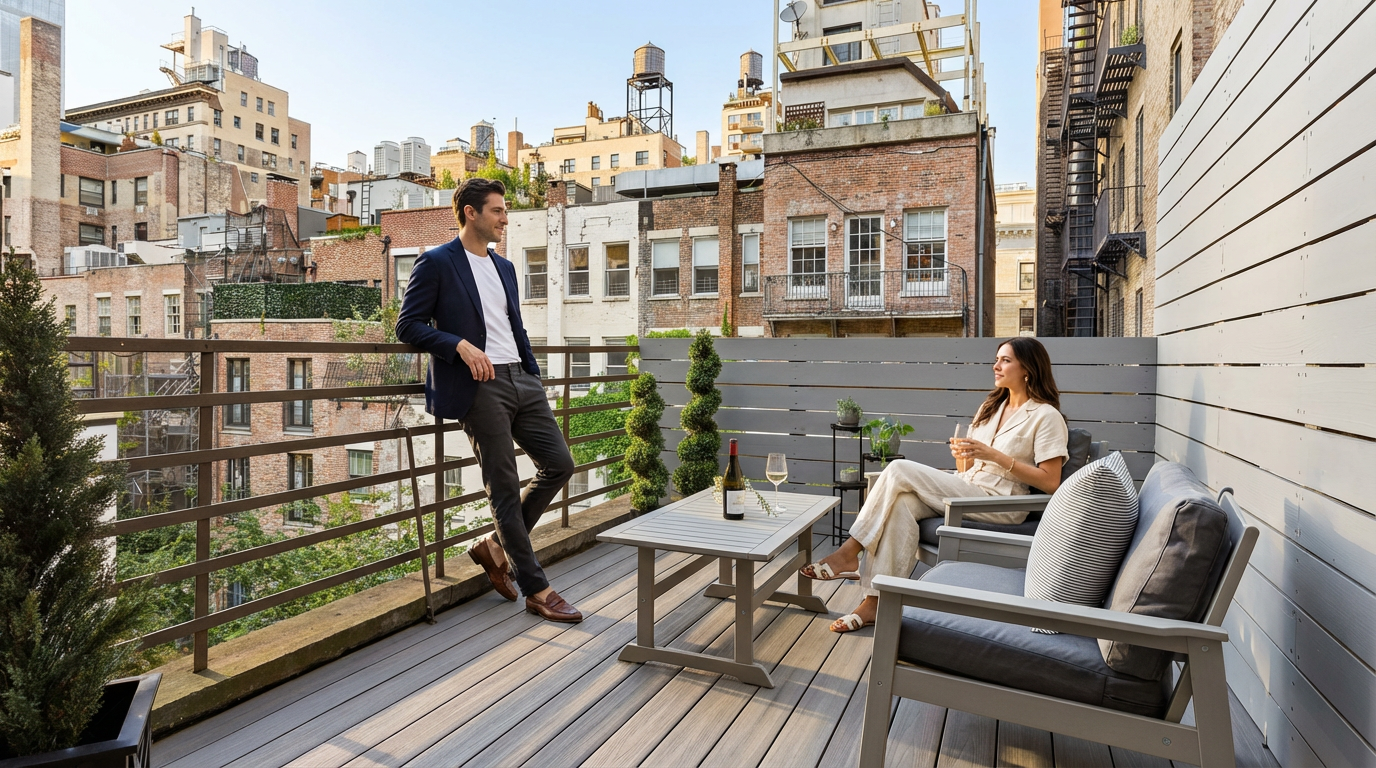 This image showcases a well-styled patio area, perfect for outdoor entertaining. A couple is enjoying the space, which features contemporary patio furniture, including a cushioned seating area and a coffee table with wine and glasses. The setting offers a backdrop of urban buildings, suggesting a rooftop or balcony space in a city.