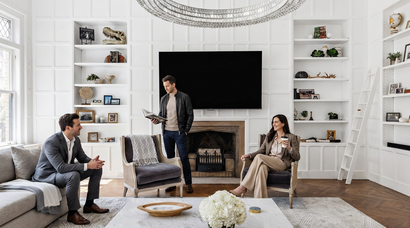 This is a beautifully staged living room, ready for real estate viewing. The room features custom built-in shelving flanking a fireplace with a large mounted television above. The decor is elegant and modern, with comfortable seating and a neutral color palette, creating a sophisticated and inviting atmosphere.