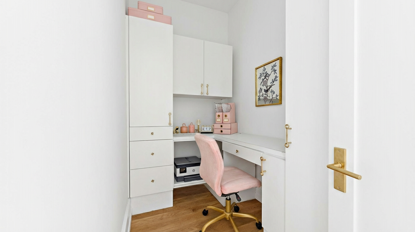 This interior shot showcases a compact and stylish office space. The room features white built-in cabinetry, including drawers and upper cabinets, creating ample storage. A desk area with a pink chair and gold accents adds a touch of elegance, making it an ideal and functional home office for a real estate listing.