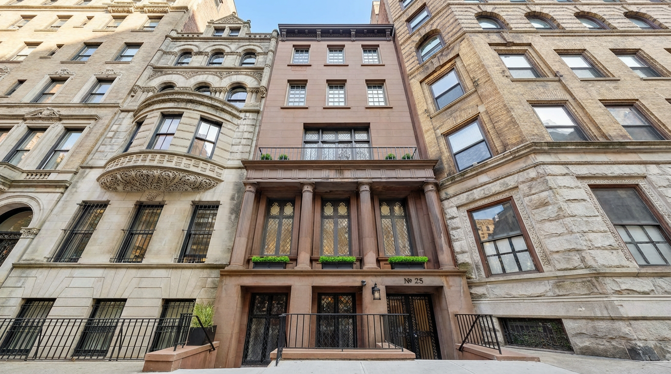 This is a front view of a stately townhome, likely located in a city environment. The facade features a combination of architectural elements, including detailed window treatments, wrought iron accents, and a prominent entrance. The building exudes classic elegance, making it a desirable residence.