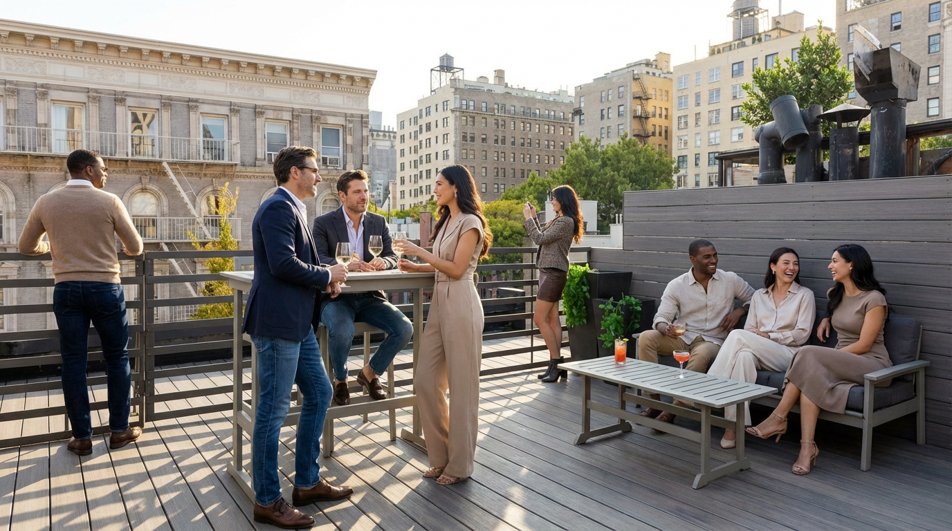 The image showcases a rooftop deck or patio with a group of casually dressed individuals enjoying drinks and conversation. The deck features a modern design with wood plank decking, gray outdoor furniture, and a view of the surrounding cityscape. The setting provides an impression of upscale urban living and social enjoyment.