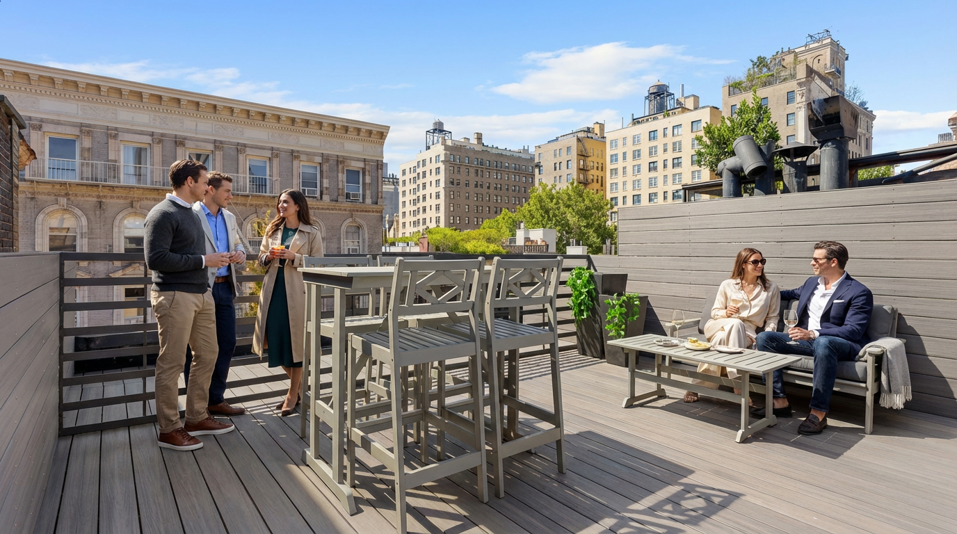 This image showcases a stylish rooftop balcony or deck. The space is furnished with modern outdoor furniture, including a high-top table with chairs and a lounge area with a sofa and coffee table. The deck offers urban views and appears to be a great area for socializing and relaxing.