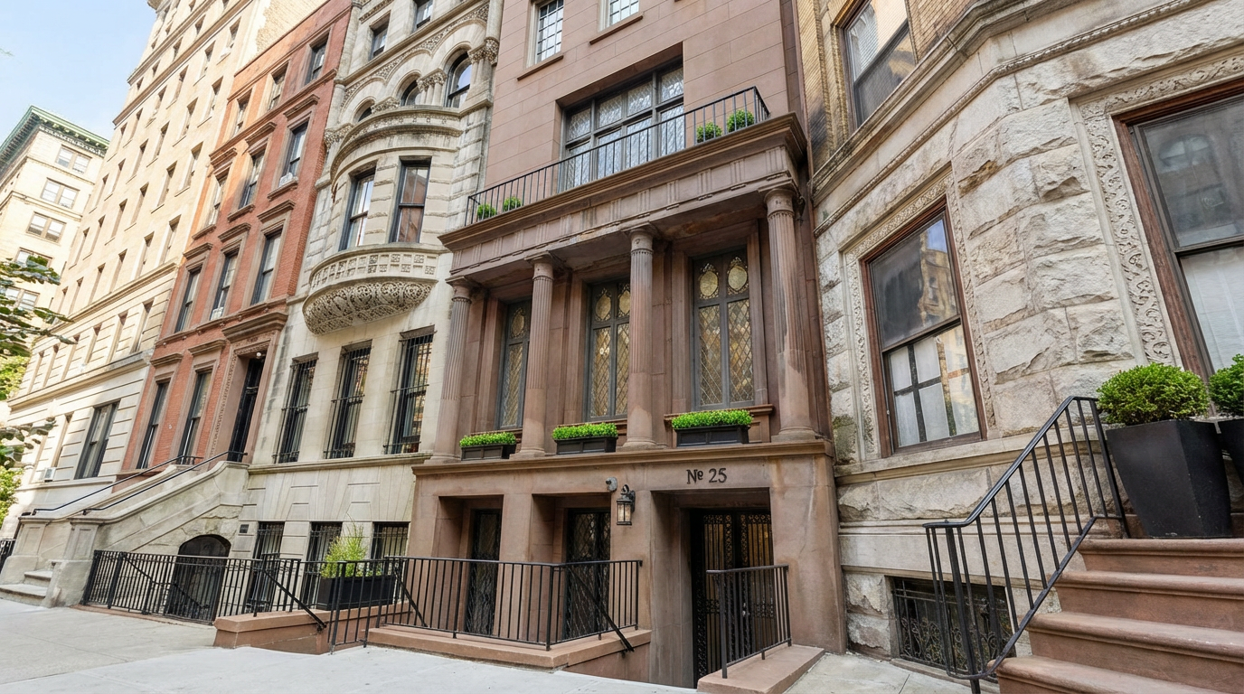 This is a front view of a well-maintained, multi-story townhouse featuring a unique architecture. The facade boasts a grand entryway with a recessed entrance, decorative pillars, and large windows with distinctive detailing. The property's sophisticated design and street presence make it an attractive real estate offering.