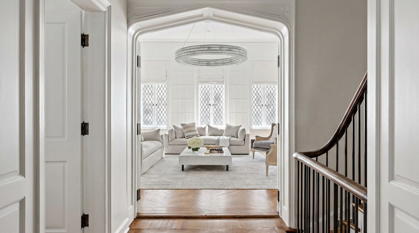 This image showcases an interior hallway leading to a bright, inviting living room. The hallway features a staircase with dark wood banisters and black iron railings. The view into the living room reveals a light-filled space with white sofas, a white coffee table, and elegant windows enhancing the bright and airy feel.