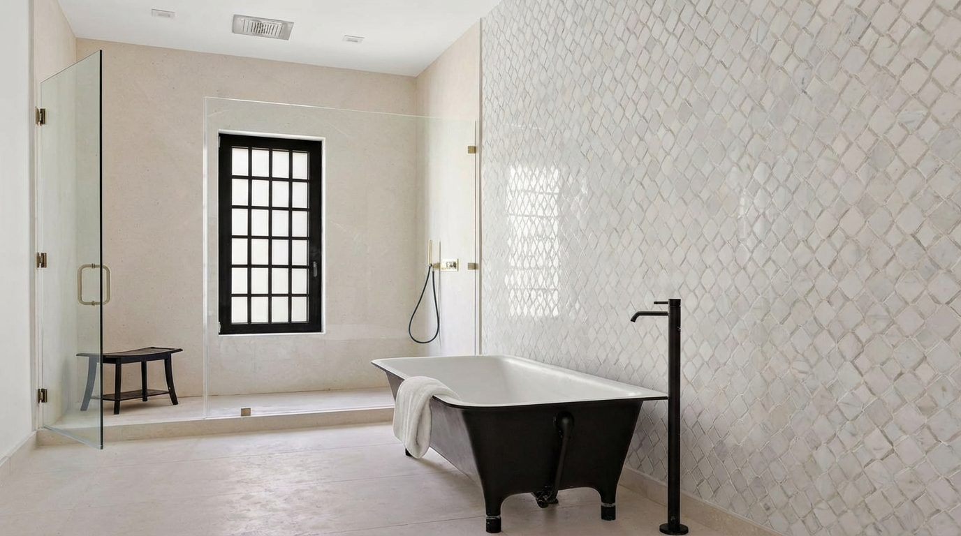 This is a well-lit primary bathroom with a focus on clean lines and modern fixtures. The bathroom features a freestanding black bathtub with a floor-mounted faucet, complemented by a shower area enclosed with glass panels. A black-framed window provides natural light, and a mosaic tiled wall adds texture to the space, creating a luxurious and relaxing atmosphere.