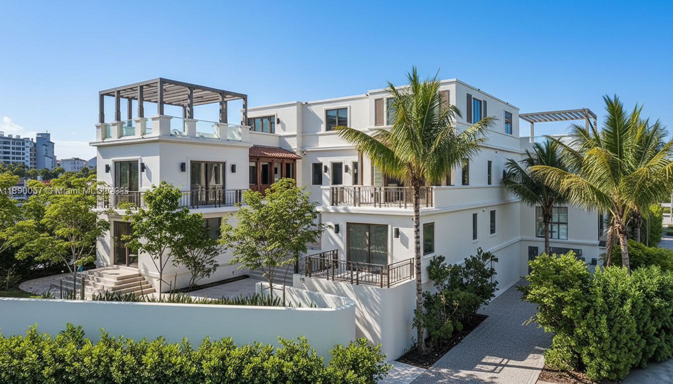 This is an elegant front view of a multi-level, modern home. The home features a pristine white exterior, multiple balconies with dark railings, and a stylish rooftop deck with a pergola. Lush greenery surrounds the property, including palm trees and manicured hedges, enhancing its curb appeal.