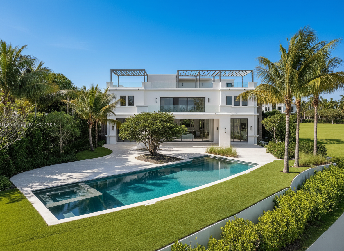 This is a stunning exterior shot of a modern luxury home featuring a beautiful pool and spa area. The rectangular pool has a built-in spa section and is surrounded by a pristine white patio, green artificial turf, and lush landscaping. The architectural style is clean and contemporary, with a large, bright white facade and rooftop terraces.