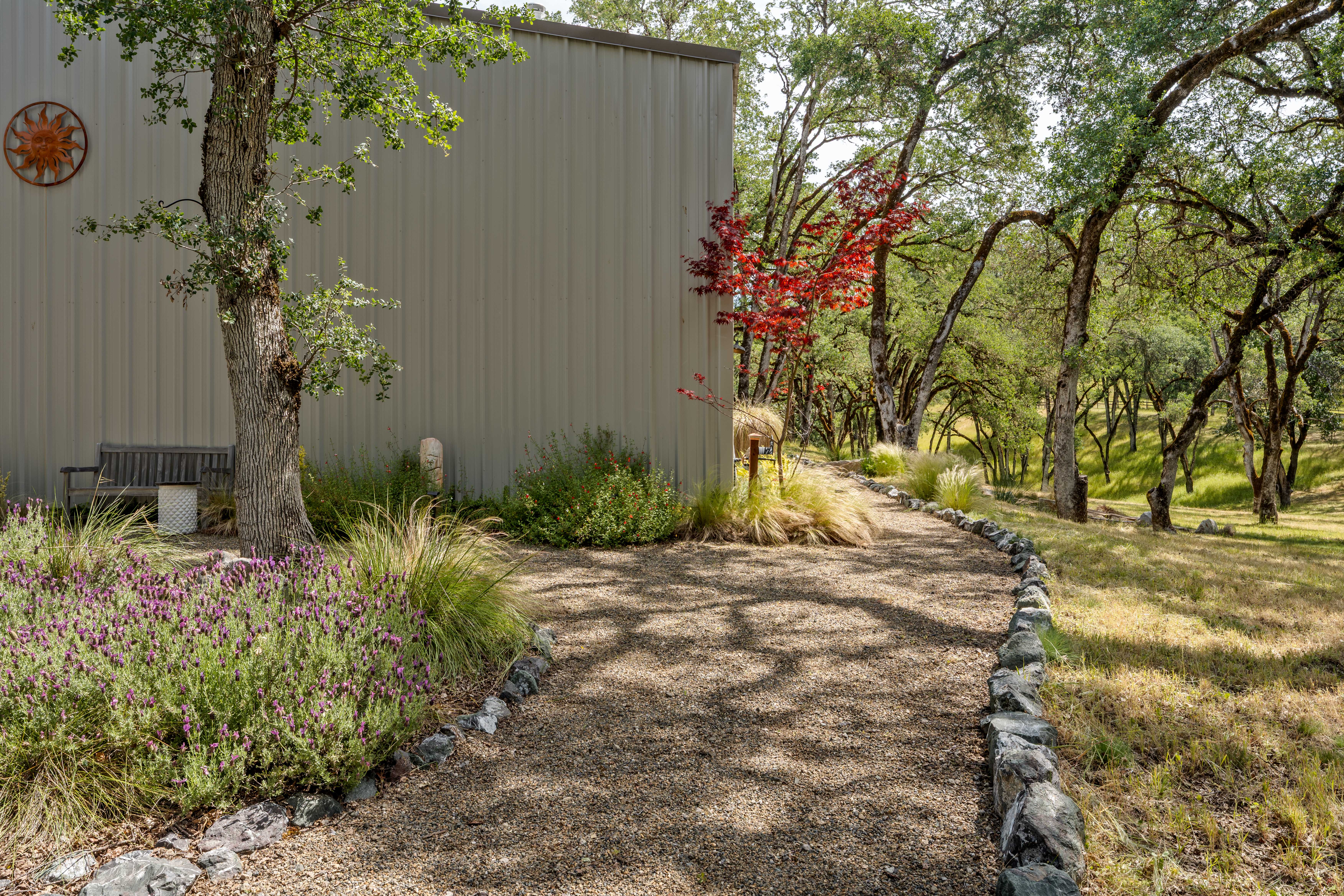 This side view of a metal-sided building showcases a serene, landscaped pathway lined with natural stone edging. The scene features a vibrant lavender bush in the foreground, a rustic wooden bench under a mature tree, and a striking sun-themed wall ornament, all set against a backdrop of lush, sun-dappled woodland. The composition creates a peaceful, inviting atmosphere that highlights the property's connection to its natural surroundings.