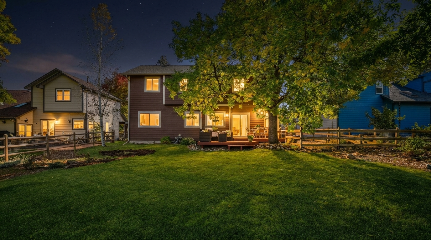 This image showcases the rear of a residential property at night, illuminating its attractive backyard. The house, featuring visible windows and a deck, is complemented by a spacious lawn and mature trees. A wooden fence marks the property line, enhancing its charm and privacy.