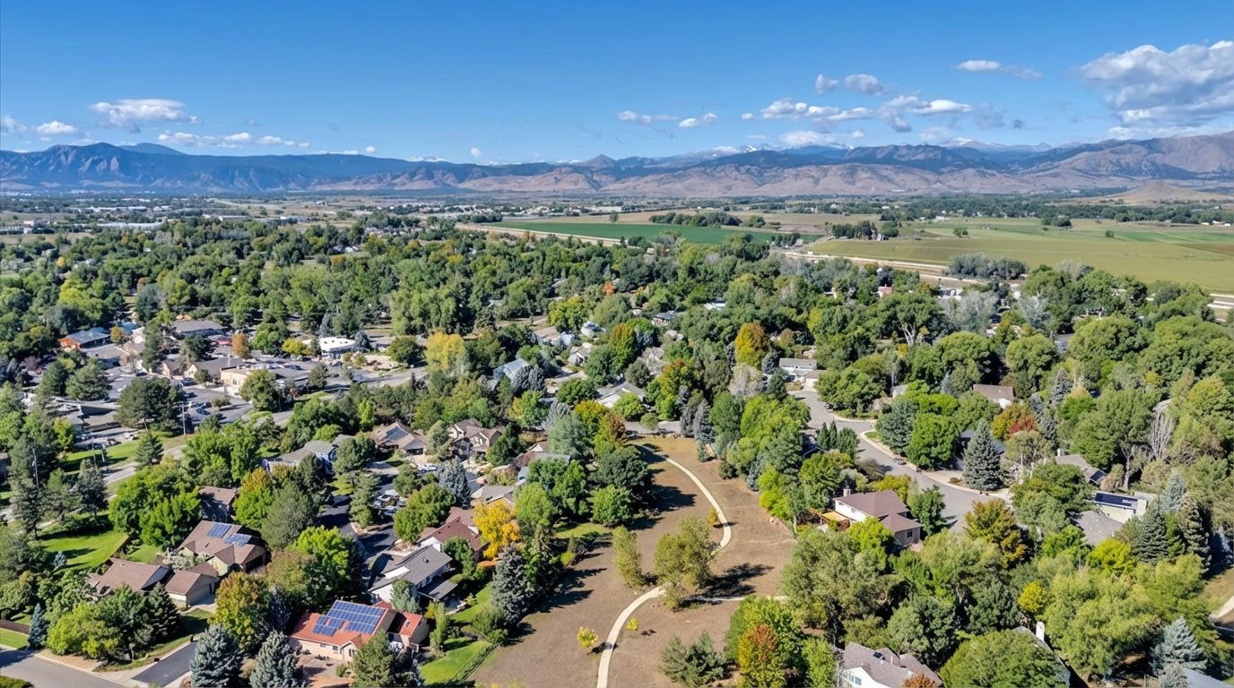 This aerial view showcases a suburban neighborhood nestled amidst lush greenery and framed by distant mountains. The houses are varied in style, many adorned with solar panels, and connected by winding streets. A public park with walking paths adds to the community's appeal, creating a sense of tranquility and outdoor living, highlighting the desirable location.