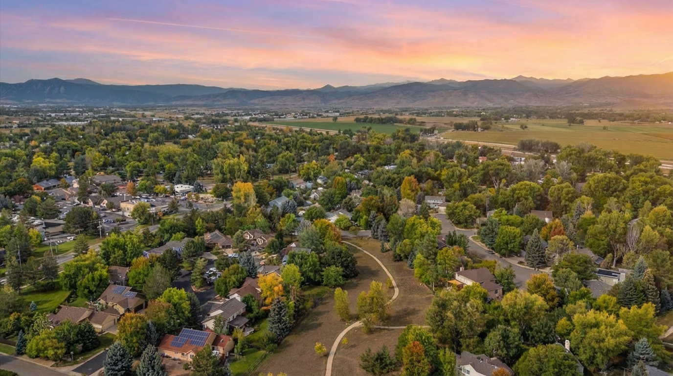 This aerial view showcases a residential neighborhood nestled among lush greenery, with the Rocky Mountains providing a stunning backdrop. Homes blend seamlessly with the environment, emphasizing mature trees and open spaces. The image conveys a sense of tranquility and natural beauty, highlighting the desirability of the location.