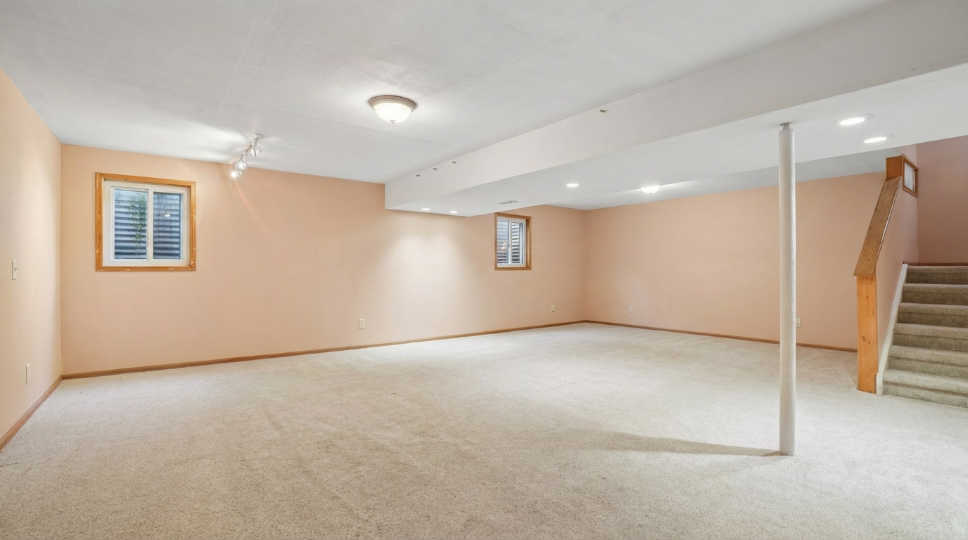This is a spacious, carpeted basement area. It features two windows for natural light and support beams that run across the ceiling and are supported by a single pillar. A staircase leads to the upper level, indicating potential for easy access and integration with the rest of the house.