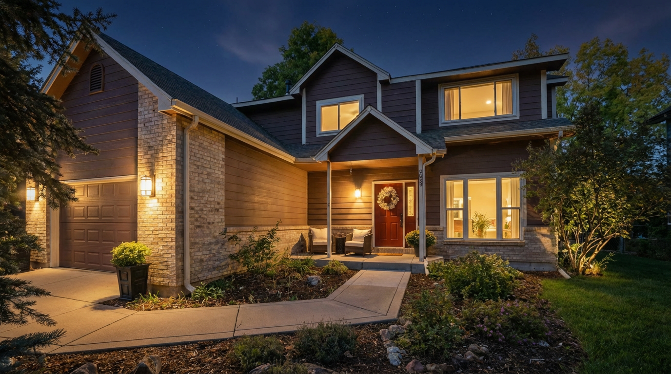 This is a well-lit, inviting front view of a two-story house. The house features a mix of brick and wood siding, a covered porch with seating, and a well-manicured front yard. The warm lighting and visible stars in the night sky create a welcoming and attractive scene.