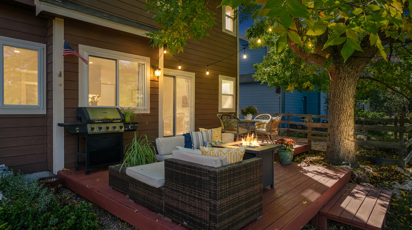 This image showcases a charming outdoor patio/deck area of a home. The wooden deck features comfortable wicker furniture, including a sectional sofa and a dining table set. A fire pit adds warmth and ambiance, while string lights overhead create a cozy and inviting atmosphere for relaxing evenings.