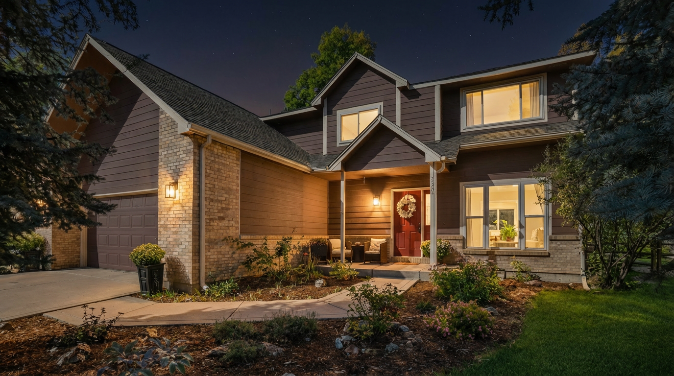 This is a well-maintained home featuring a symmetrical facade, a combination of brick and siding, and a neatly landscaped front yard. A prominent front door with a wreath adds curb appeal, and the warm lighting from the porch and windows creates a welcoming ambiance. The two-story structure exudes a classic and comfortable residential feel.