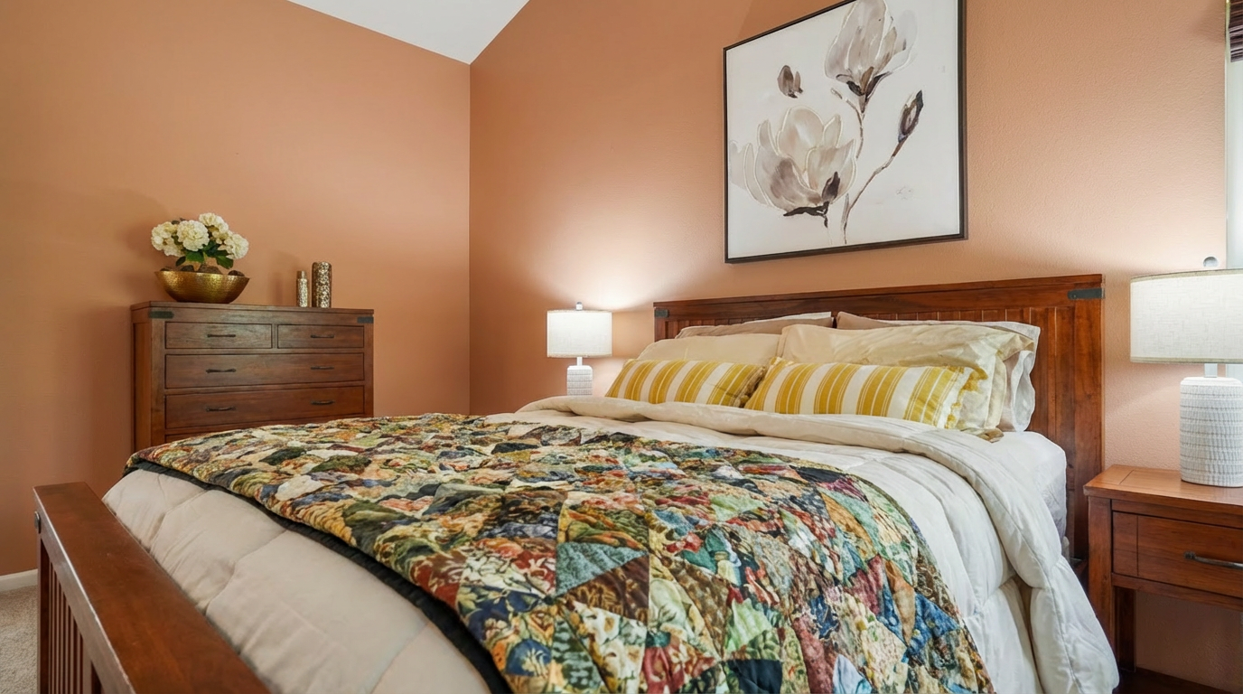 A cozy primary bedroom features a wooden bed frame adorned with a colorful quilt and multiple pillows. A wooden dresser is on the left while a nightstand with a lamp is on the right. The walls are painted in a warm, earthy tone, creating a relaxing atmosphere.