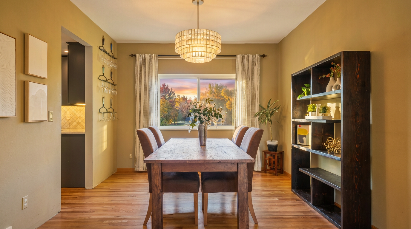 This inviting dining room features a rustic wooden table centered beneath a modern chandelier, set against a backdrop of a large window showcasing an autumnal outdoor scene. The room's warm-toned walls and hardwood floors enhance the cozy atmosphere, while a dark wood bookshelf provides storage and visual interest, creating an ideal space for family meals and gatherings.