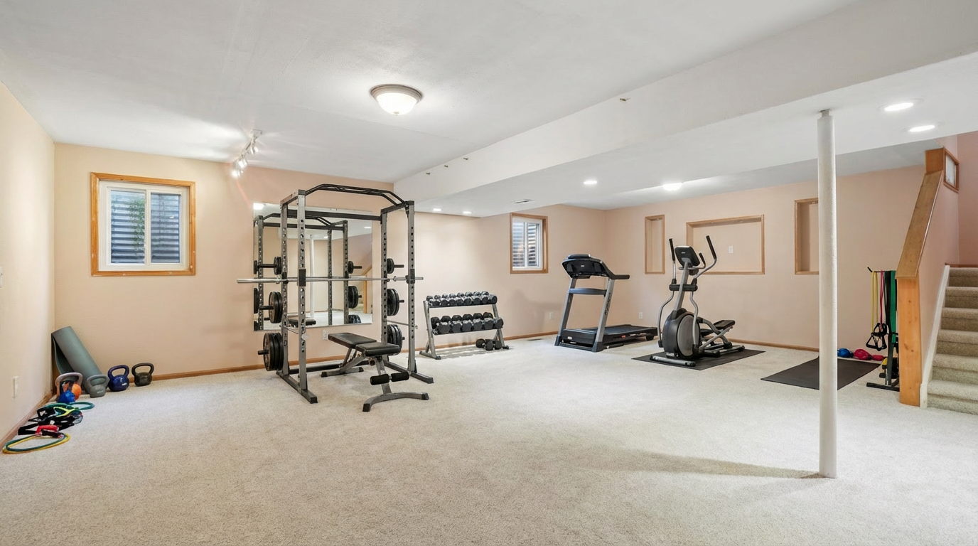 This is a well-equipped home gym in a basement setting. It includes a weight rack, bench, dumbbells, treadmill, elliptical machine, exercise mat and other equipment for exercise. The room has neutral colored walls and carpet.