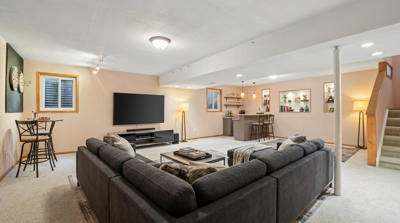 This is a well-lit basement living area with a large sectional sofa, a TV, and a wet bar. The room has neutral-colored walls and carpet, contributing to a cozy and inviting atmosphere. There is a window providing natural light, as well as recessed lighting to illuminate the room.