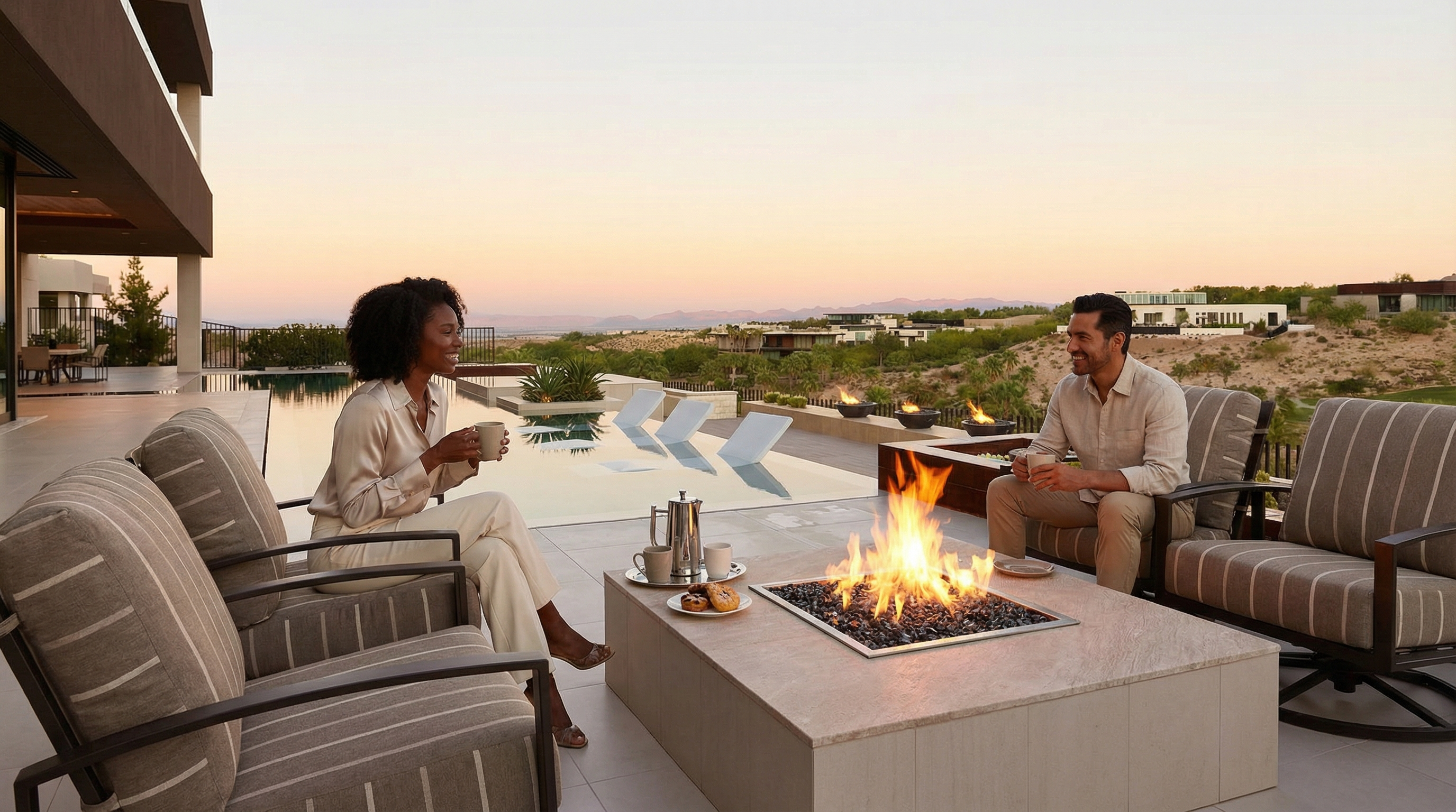 This exterior shot showcases a luxurious patio area with a stunning view. Featuring comfortable seating around a modern fire pit, it also includes a pool area with lounge chairs. The space provides an ideal setting for relaxation and entertainment, emphasizing the property's upscale outdoor living.