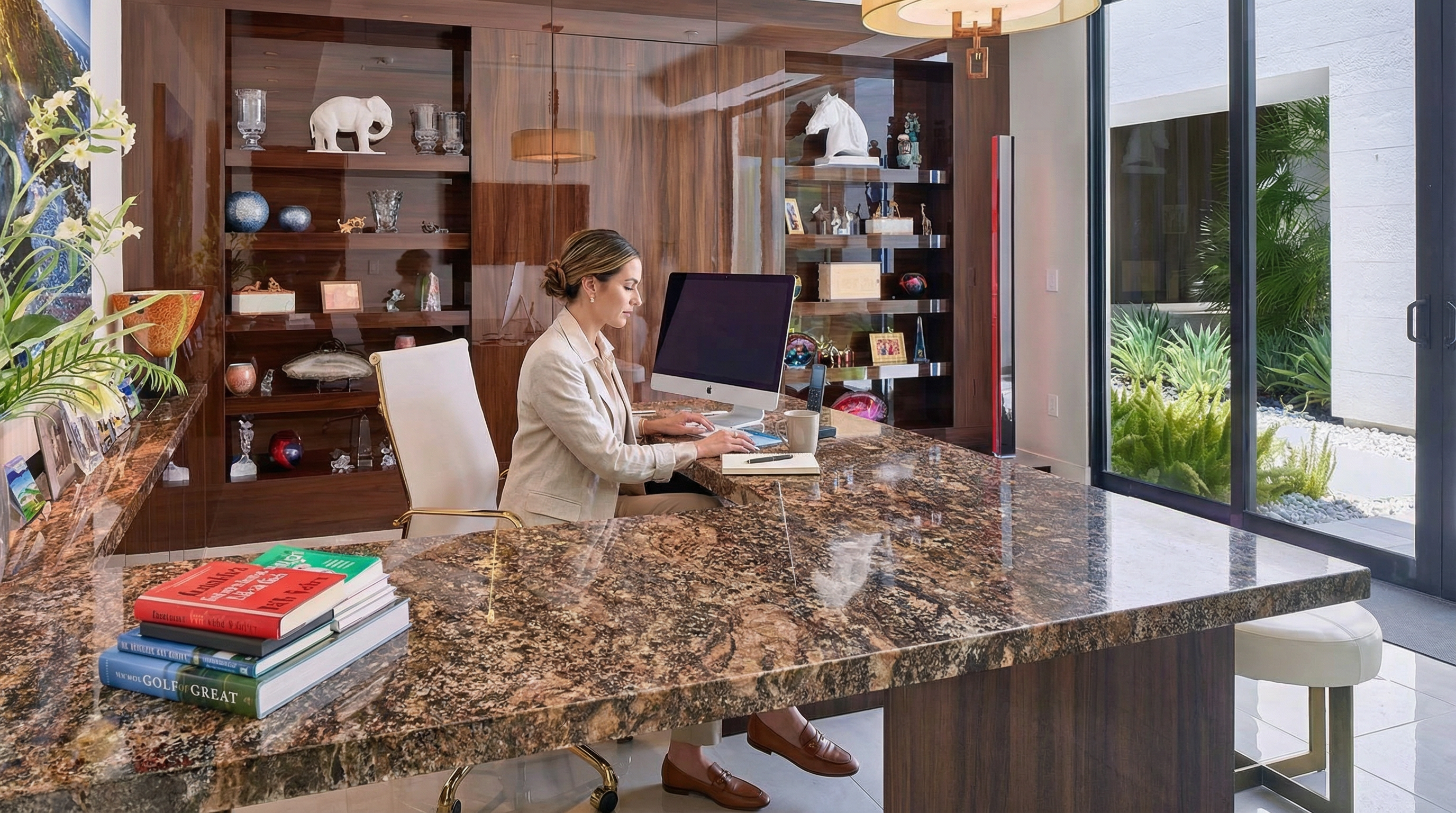 This shows an elegant home office featuring a large, patterned granite desk with built-in shelving behind it. A woman is seated at the desk, working on a computer. The office has a sophisticated aesthetic, perfect for a professional setting.
