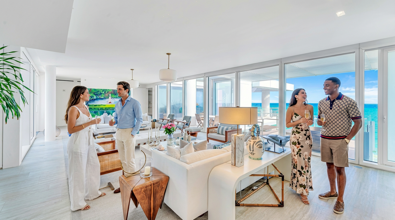 This image showcases a bright and airy living room with a modern design. The space features large windows offering ocean views, stylish contemporary furniture, and a neutral color palette. The room exudes a luxurious and inviting atmosphere suitable for upscale living.