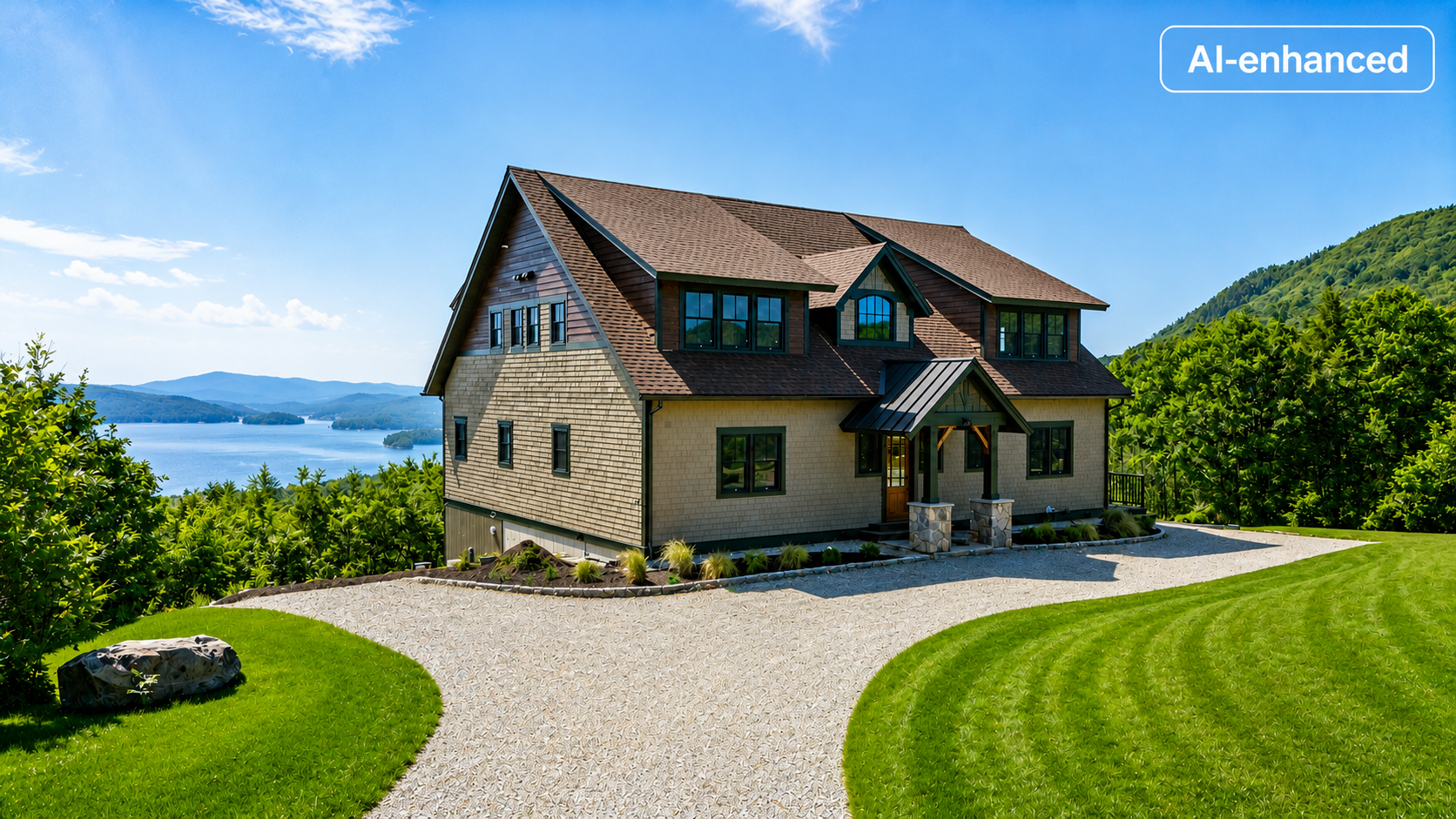 This charming, multi-level home features a classic shingle-style exterior with a warm, natural color palette and a prominent gabled roofline. The property offers breathtaking, elevated views of a serene lake and distant mountains, complemented by professionally manicured lawns and a gravel driveway. The combination of its rustic aesthetic and stunning natural setting creates a picturesque and welcoming mountain retreat.