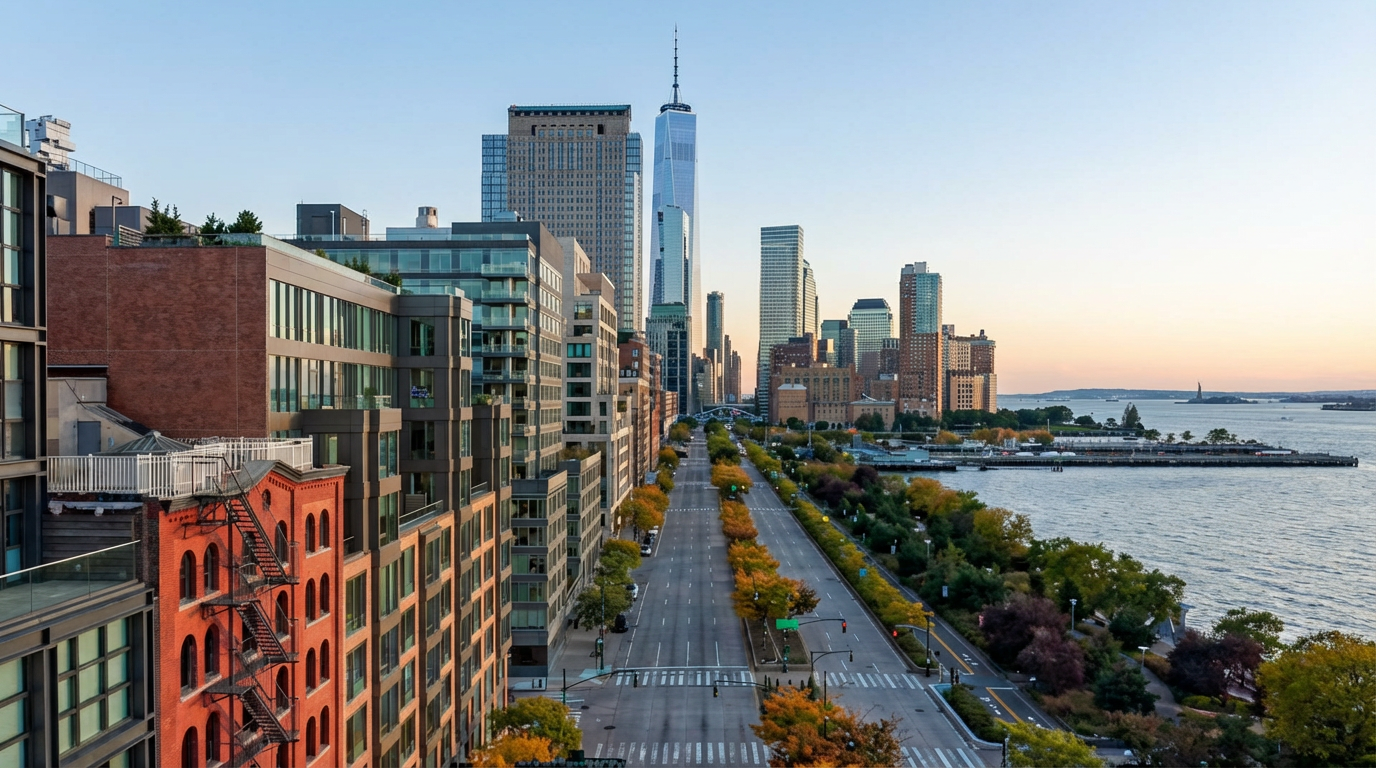 The image showcases an aerial view of a cityscape, likely New York City, with modern buildings and a clear view of 1 World Trade Center (Freedom Tower). The street below is mostly empty, lined with trees displaying autumn colors. The expansive waterfront adds to the scenic vista, presenting a desirable urban landscape for real estate.