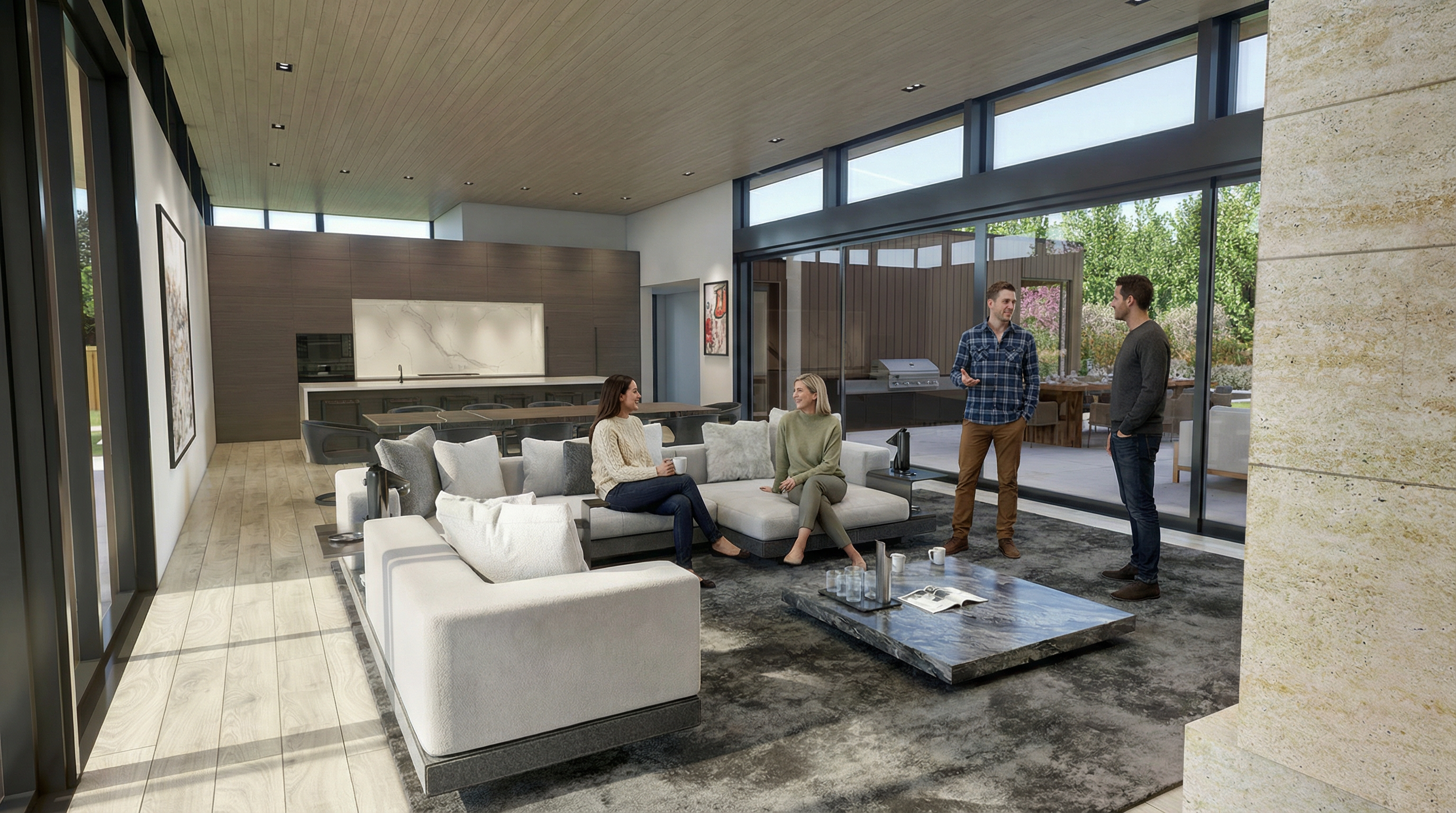 This spacious, modern open-concept living room features a sophisticated blend of natural tones and luxurious textures, anchored by a large, contemporary sofa set and a striking marble-top coffee table. Expansive floor-to-ceiling glass sliding doors seamlessly connect the indoor living area to an outdoor patio, while the sleek kitchen with minimalist cabinetry occupies the rear. The vaulted wood-paneled ceiling and high-end finishes create an airy, upscale atmosphere perfect for entertaining.