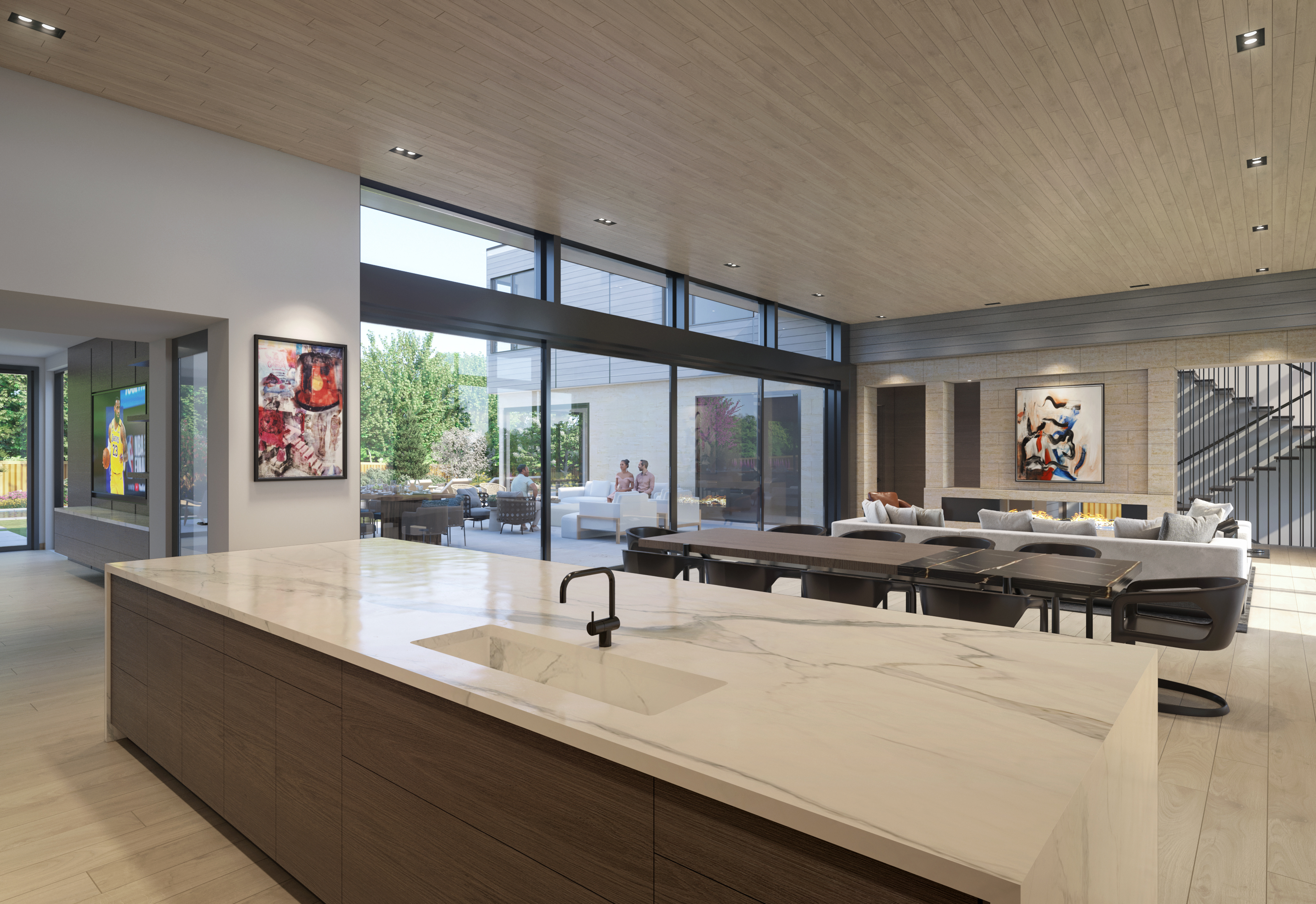 This sleek, modern kitchen features a large marble-topped island with an integrated sink and warm-toned wood cabinetry. The open-concept design flows seamlessly into a sophisticated living and dining area, highlighted by floor-to-ceiling glass walls that provide direct views of the outdoor patio. The space embodies a contemporary design language, emphasized by recessed lighting, natural wood ceilings, and high-end finishes throughout.