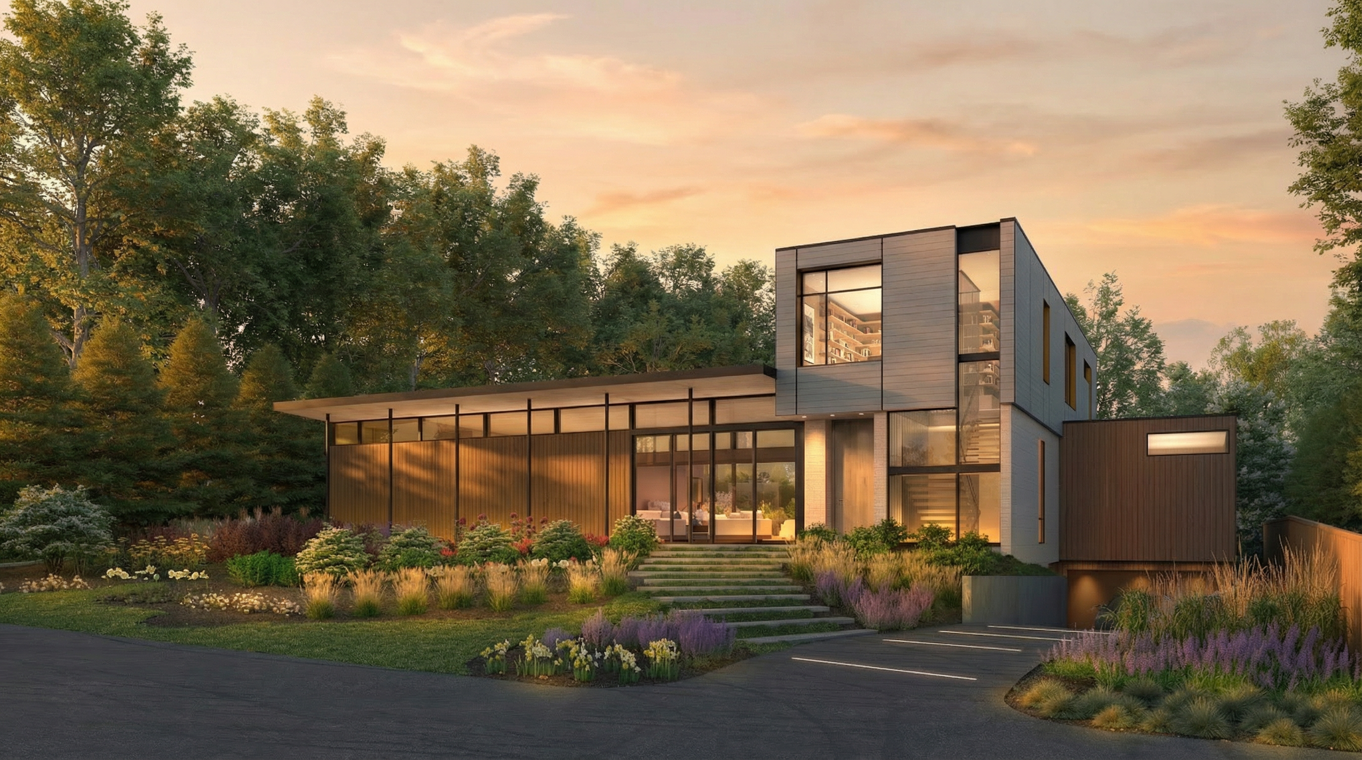 This stunning contemporary residence showcases a blend of modern clean lines and warm natural textures, nestled within a lush, professionally landscaped setting. The expansive glass windows, vertical wood siding, and striking stone accents create a sophisticated architectural statement at sunset. A paved walkway and stone steps lead gracefully to the elegant entryway, highlighting the home's inviting yet high-end curb appeal.