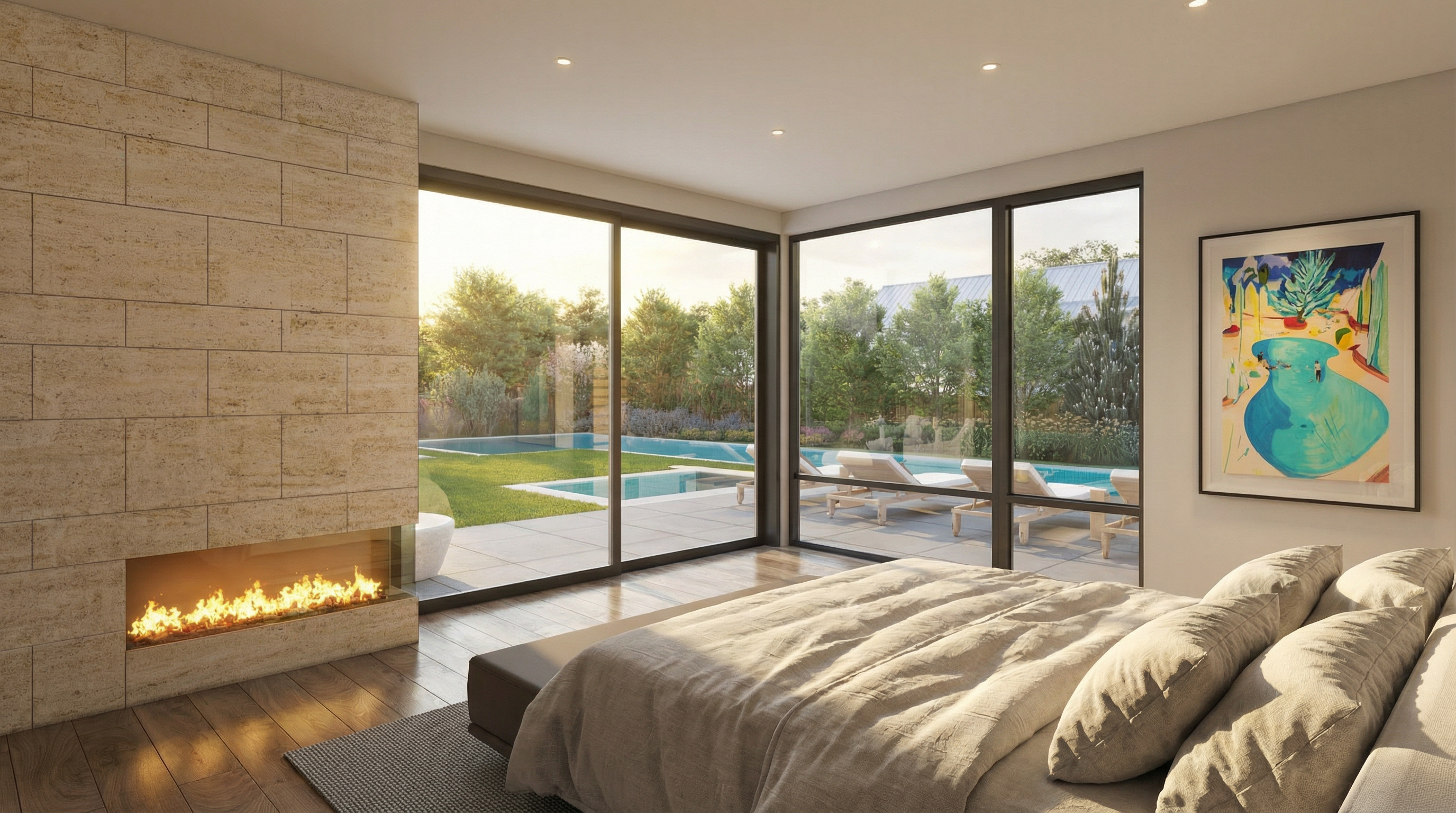 This luxurious primary bedroom features floor-to-ceiling glass sliding doors that provide expansive views of a landscaped backyard with a private swimming pool. A modern linear fireplace built into a striking stone feature wall adds warmth to the space, complemented by high-end finishes and neutral decor. The room offers a serene, resort-like atmosphere that seamlessly blends indoor and outdoor contemporary living.