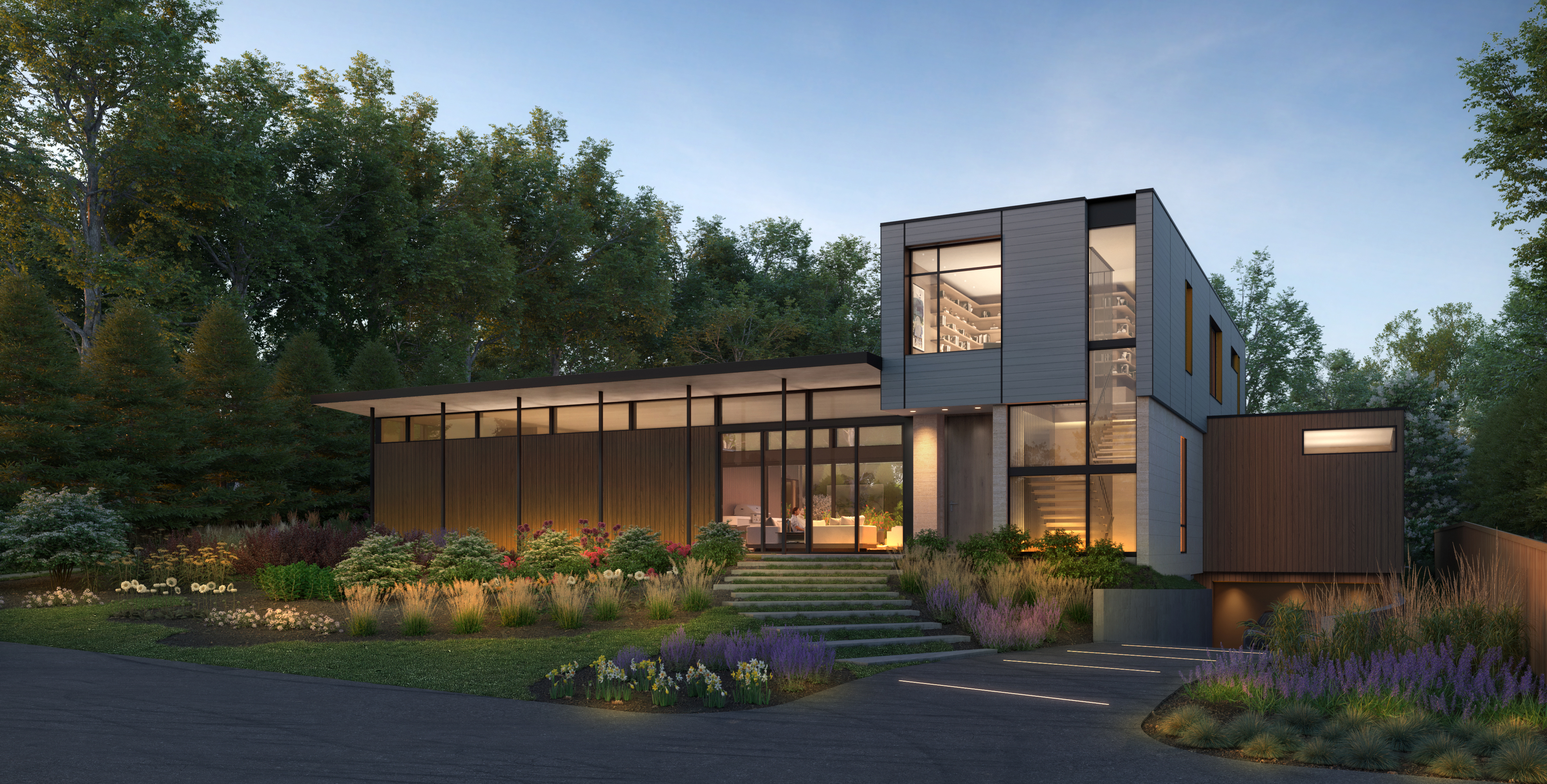 This modern, architectural home features a striking blend of horizontal wood siding, stone accents, and expansive floor-to-ceiling glass windows that warmly glow in the twilight. The exterior is complemented by a tiered front entrance with wide stone steps, meticulously landscaped flower beds, and a clean, contemporary driveway. The design creates a sophisticated, inviting presence that perfectly balances nature and modern luxury.