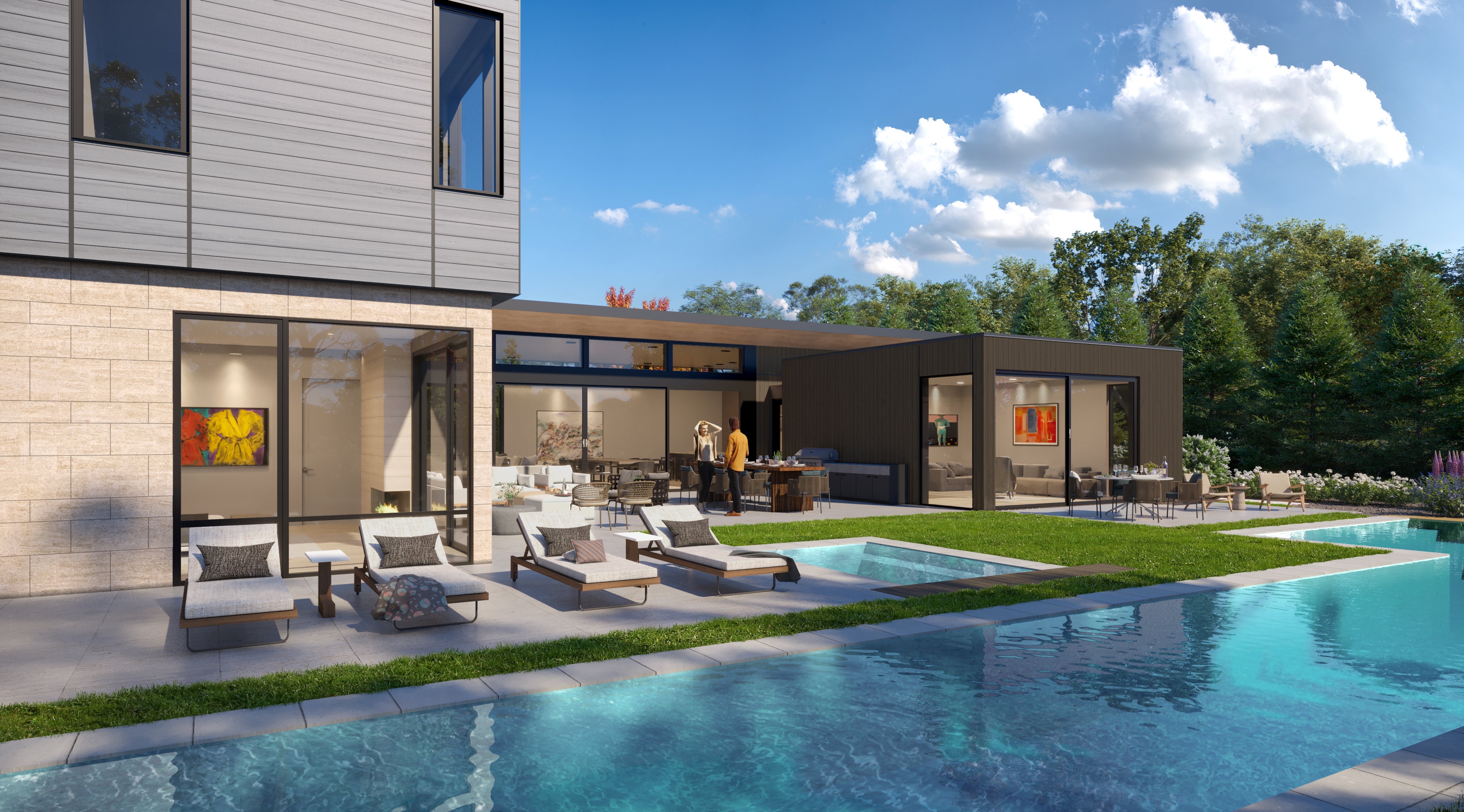 This modern, luxury residence showcases a seamless transition between indoor and outdoor living spaces with expansive floor-to-ceiling glass walls. The rear exterior features a spacious stone patio, comfortable chaise lounge chairs, a dining area, and a sparkling swimming pool, all set against a beautiful, lushly landscaped property. Its contemporary architecture, characterized by stone and wood-tone cladding, creates an inviting and sophisticated atmosphere perfect for high-end entertaining.