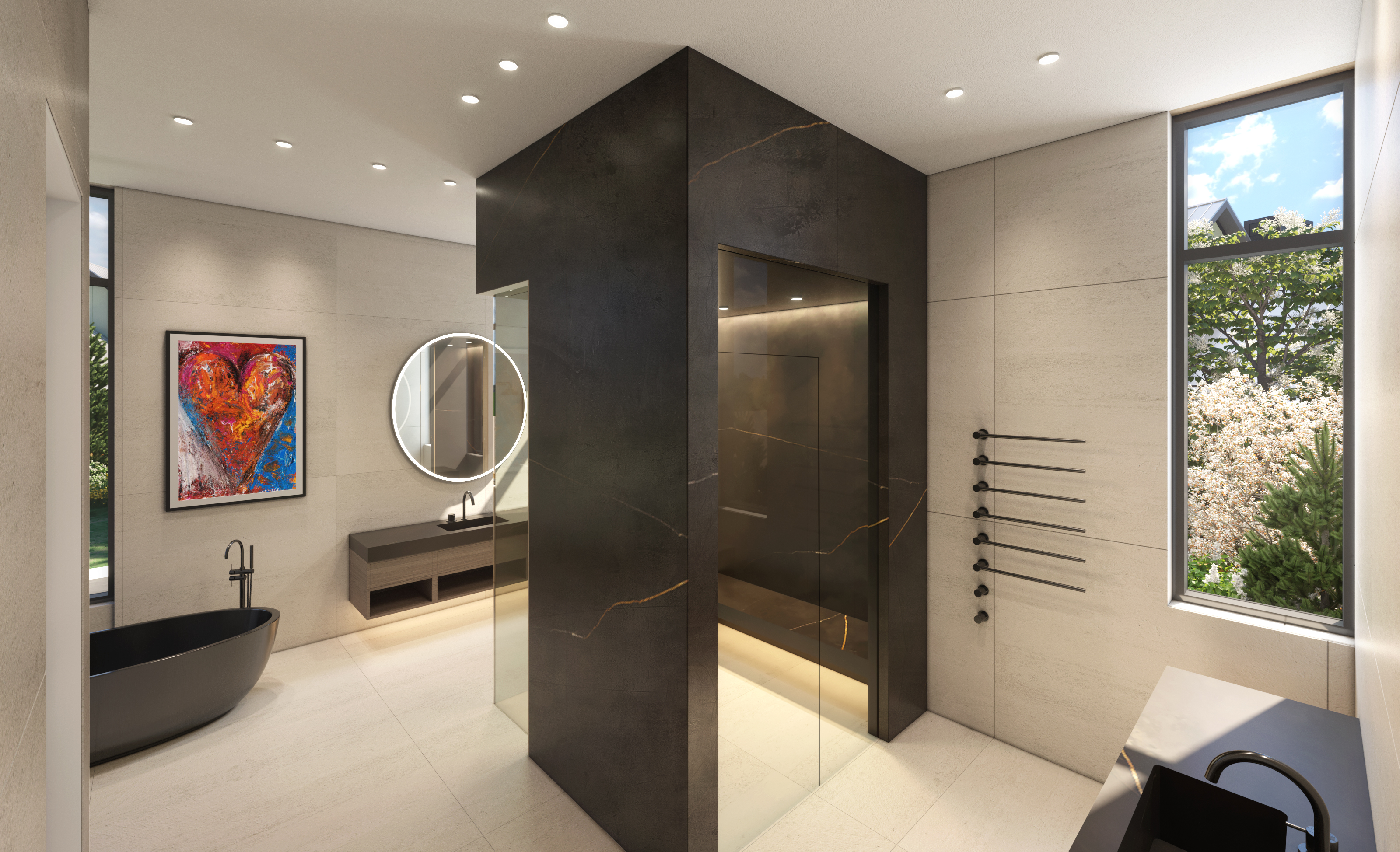 This luxurious, contemporary primary bathroom features a bold center-tiled walk-in shower encased in dark, veined marble, complemented by light neutral wall tiles. It includes a sleek freestanding black tub, dual vanities with round back-lit mirrors, and a wall of heated towel rails. Large windows invite natural light and provide peaceful views of the surrounding garden, creating a sophisticated spa-like atmosphere.