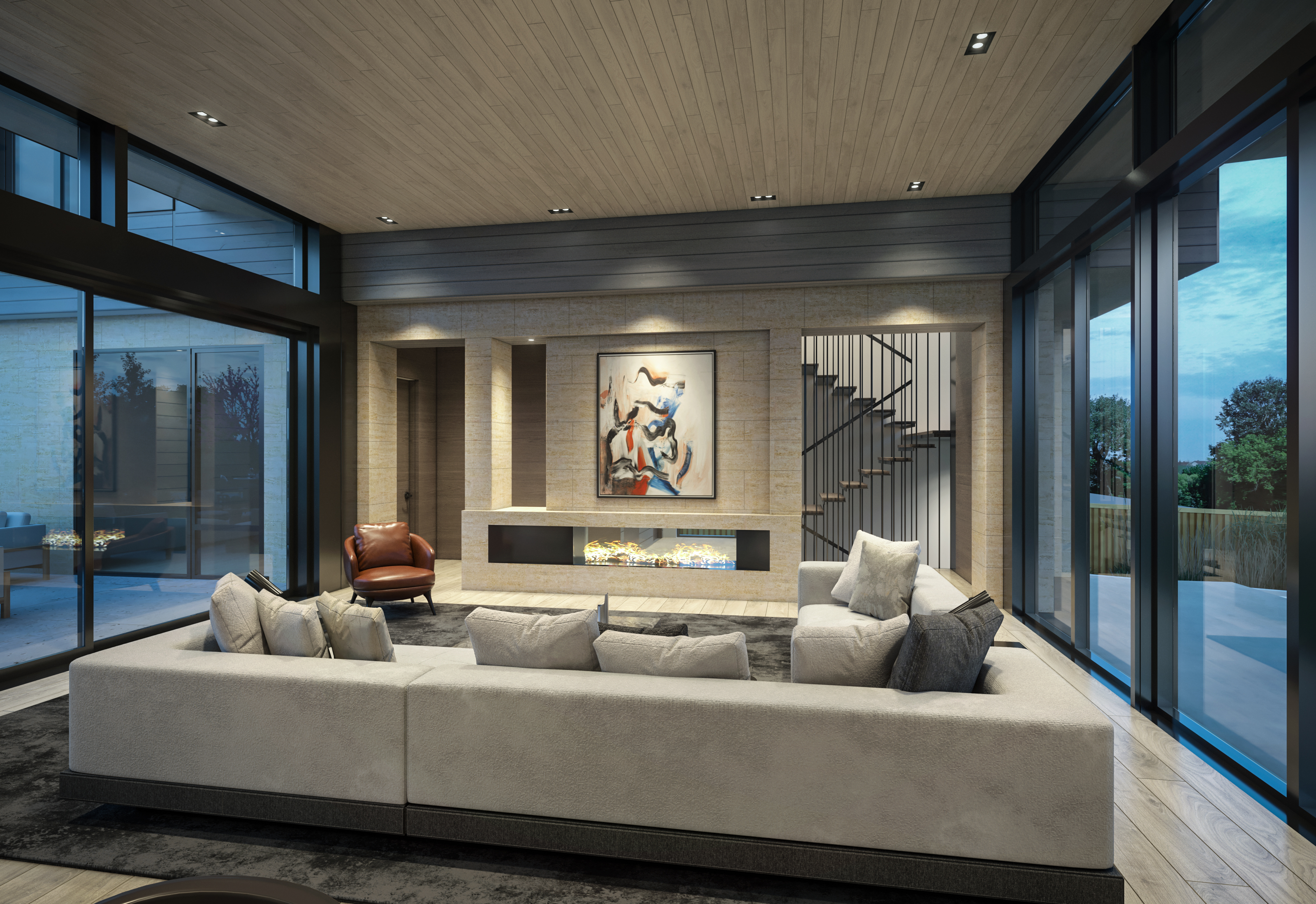 This modern, spacious living area features a clean, contemporary design with light-toned wooden panel ceilings and large floor-to-ceiling glass walls that invite natural light. The room is centered around a built-in stone fireplace adorned with abstract artwork and features a large, plush modular sofa and an accent leather armchair. A staircase with a sleek railing is integrated into the architectural backdrop, creating an open and airy atmosphere suitable for luxury living.