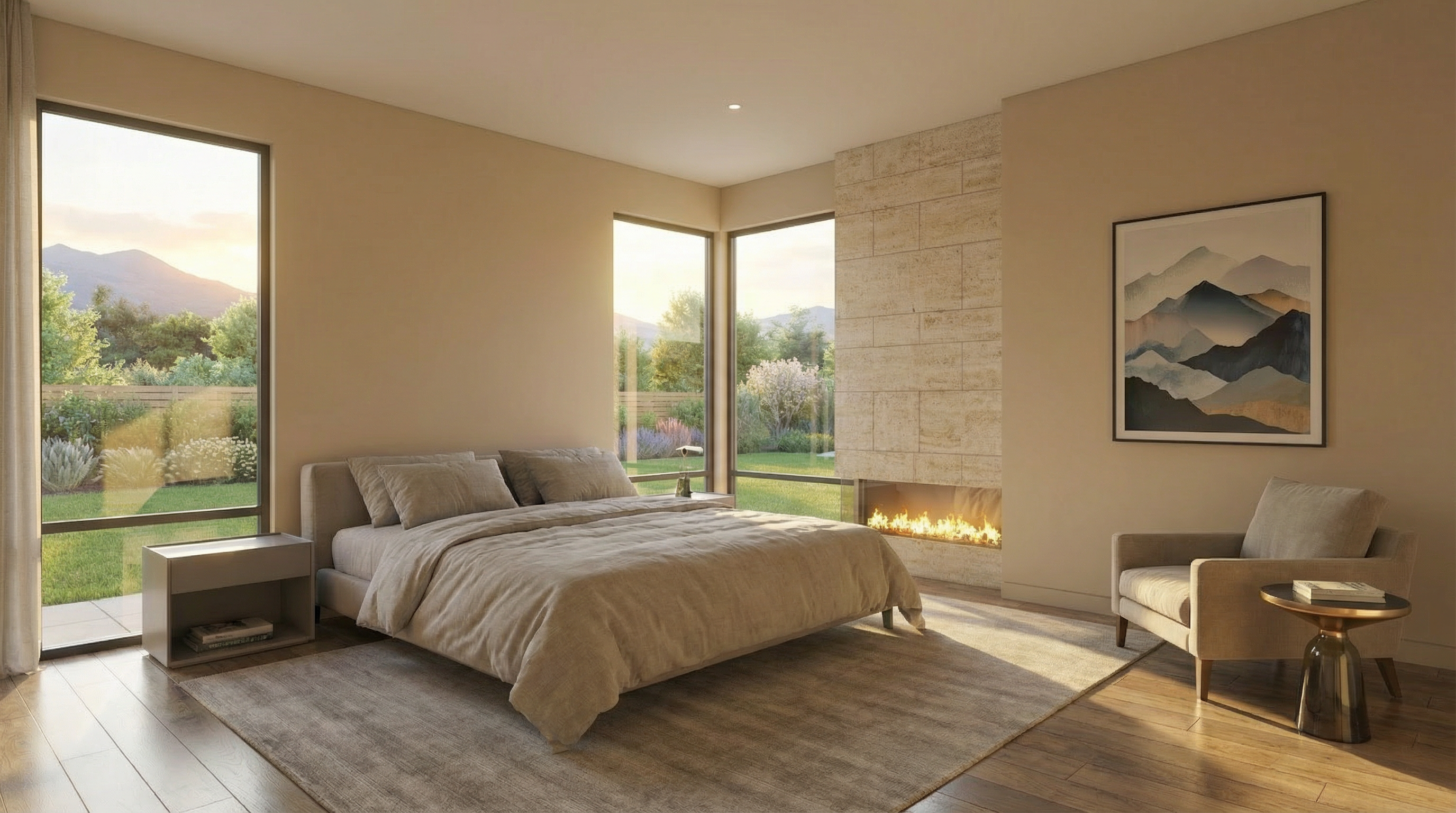 This serene, contemporary primary bedroom features floor-to-ceiling windows that provide expansive views of the surrounding landscape and natural light. The room is centered around a sleek fireplace with a stone-clad hearth, complemented by a muted, neutral color palette and a cozy seating area. The combination of high-end finishes, minimalist decor, and direct access to outdoor views creates a sophisticated and tranquil retreat.
