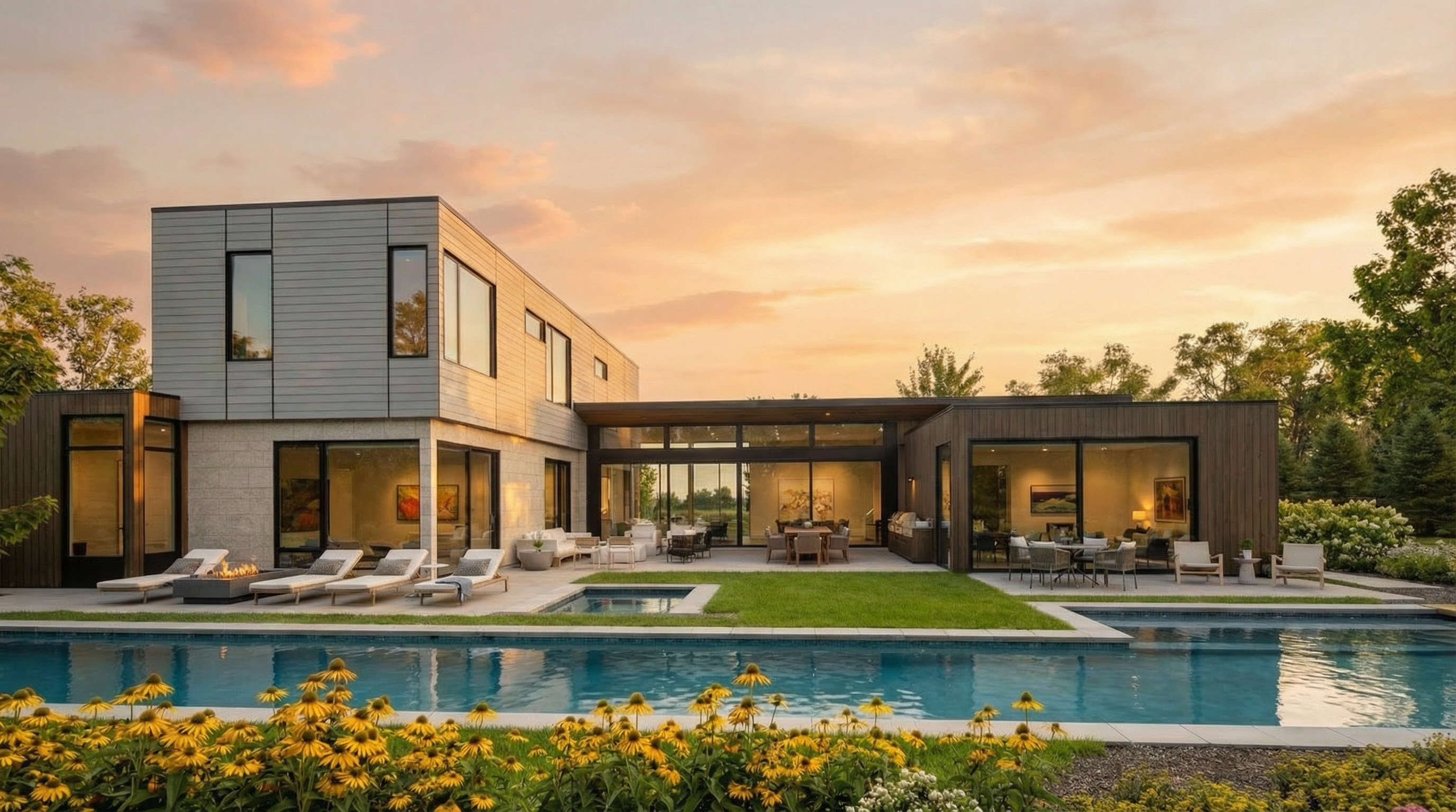 This stunning contemporary residence features a sophisticated blend of light gray masonry and rich, dark wood cladding. The expansive rear design seamlessly integrates indoor and outdoor living, boasting a private swimming pool, a stone lounge area with a fireplace, and a lush lawn. Large floor-to-ceiling glass windows and sliding doors create a bright, airy atmosphere, perfect for luxury entertaining in a serene landscape.